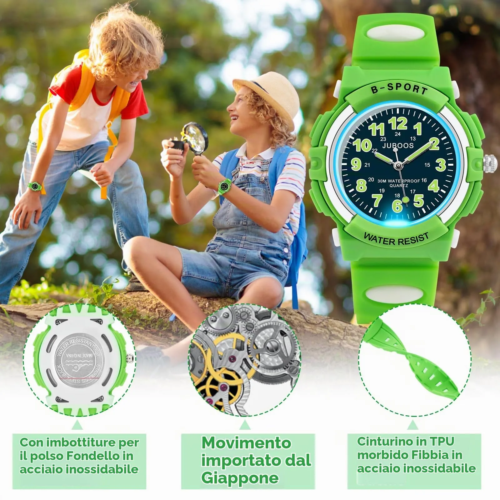 Juboos Analogische Kinderarmbanduhr mit 7-farbigem Nachtlicht, Wasserdicht, Quarz-Uhr für Jungen und Mädchen 5-18 Jahre (Verde) - immagine 4