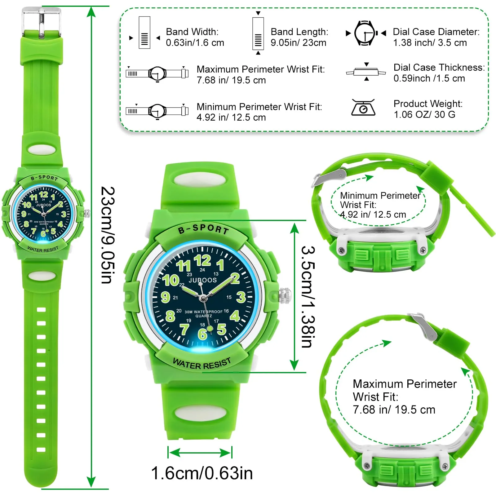 Juboos Analogische Kinderarmbanduhr mit 7-farbigem Nachtlicht, Wasserdicht, Quarz-Uhr für Jungen und Mädchen 5-18 Jahre (Verde) - immagine 5
