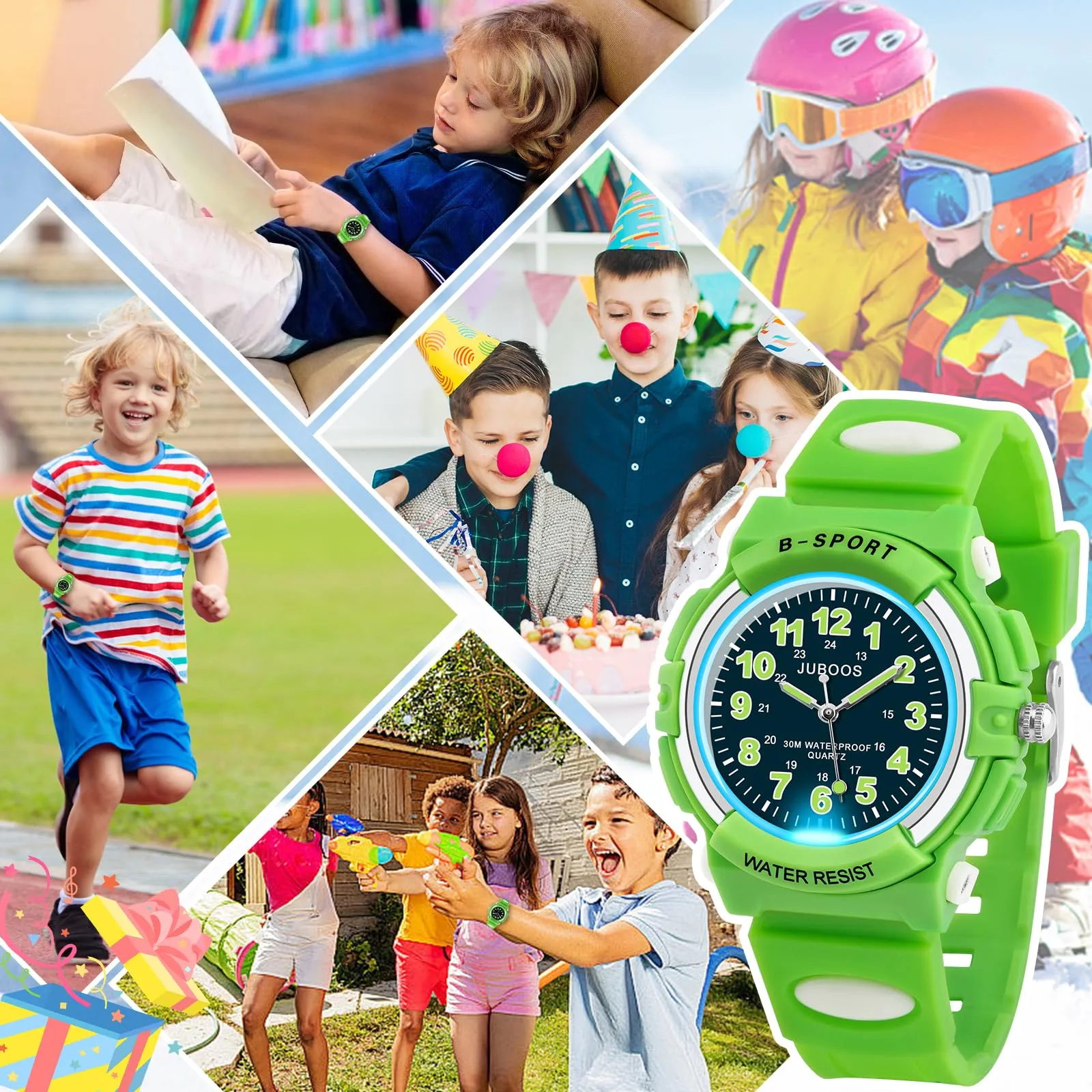 Juboos Analogische Kinderarmbanduhr mit 7-farbigem Nachtlicht, Wasserdicht, Quarz-Uhr für Jungen und Mädchen 5-18 Jahre (Verde) - immagine 6