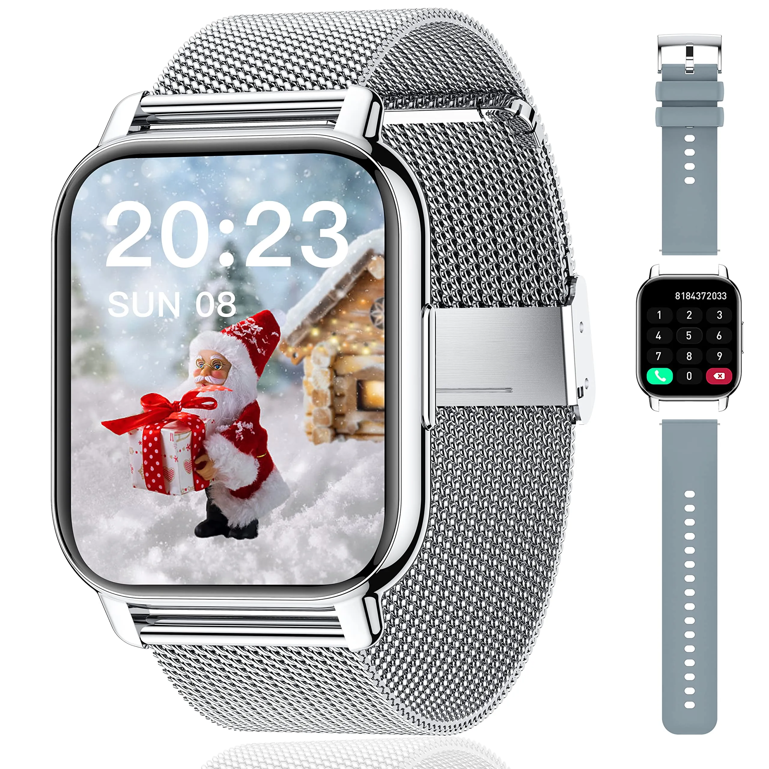 Popglory P66 Smartwatch, 1.85'' Display, Chiamate Bluetooth, Assistente Vocale AI, Cardiofrequenzimetro, Pressione Sanguigna, SpO2, Sonno, 100+ Modalità Sportive, 2 Cinturini, Android iOS - immagine 1