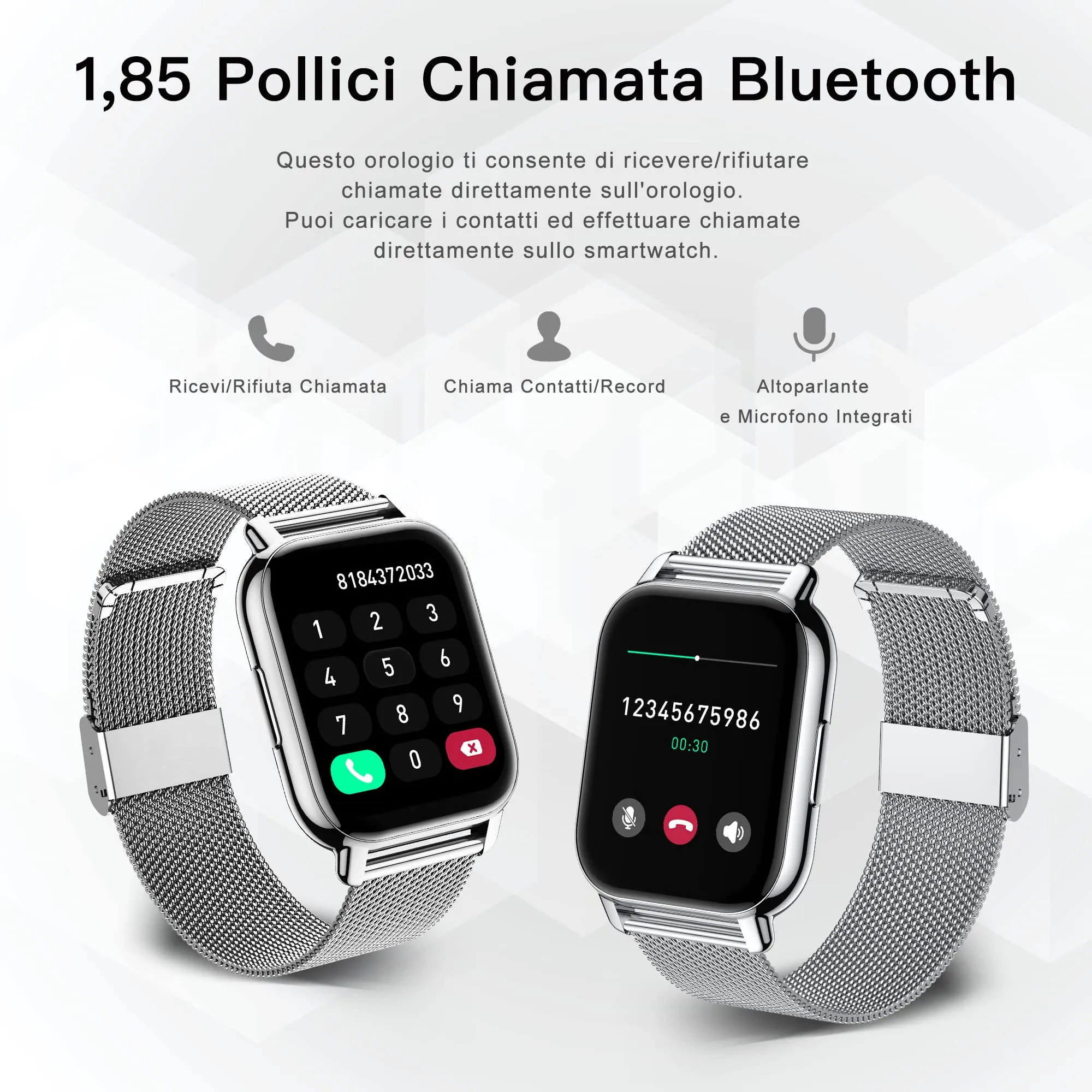 Popglory P66 Smartwatch, 1.85'' Display, Chiamate Bluetooth, Assistente Vocale AI, Cardiofrequenzimetro, Pressione Sanguigna, SpO2, Sonno, 100+ Modalità Sportive, 2 Cinturini, Android iOS - immagine 2