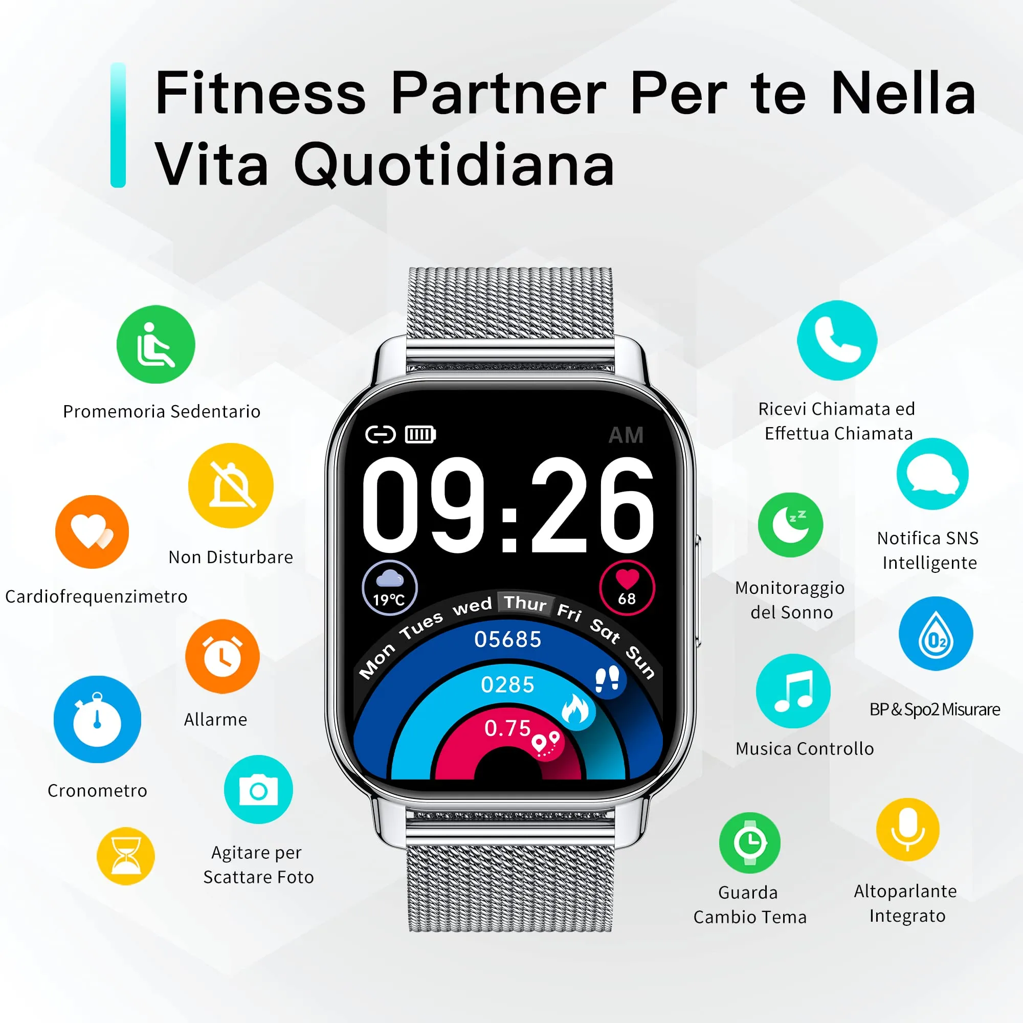 Popglory P66 Smartwatch, 1.85'' Display, Chiamate Bluetooth, Assistente Vocale AI, Cardiofrequenzimetro, Pressione Sanguigna, SpO2, Sonno, 100+ Modalità Sportive, 2 Cinturini, Android iOS - immagine 7