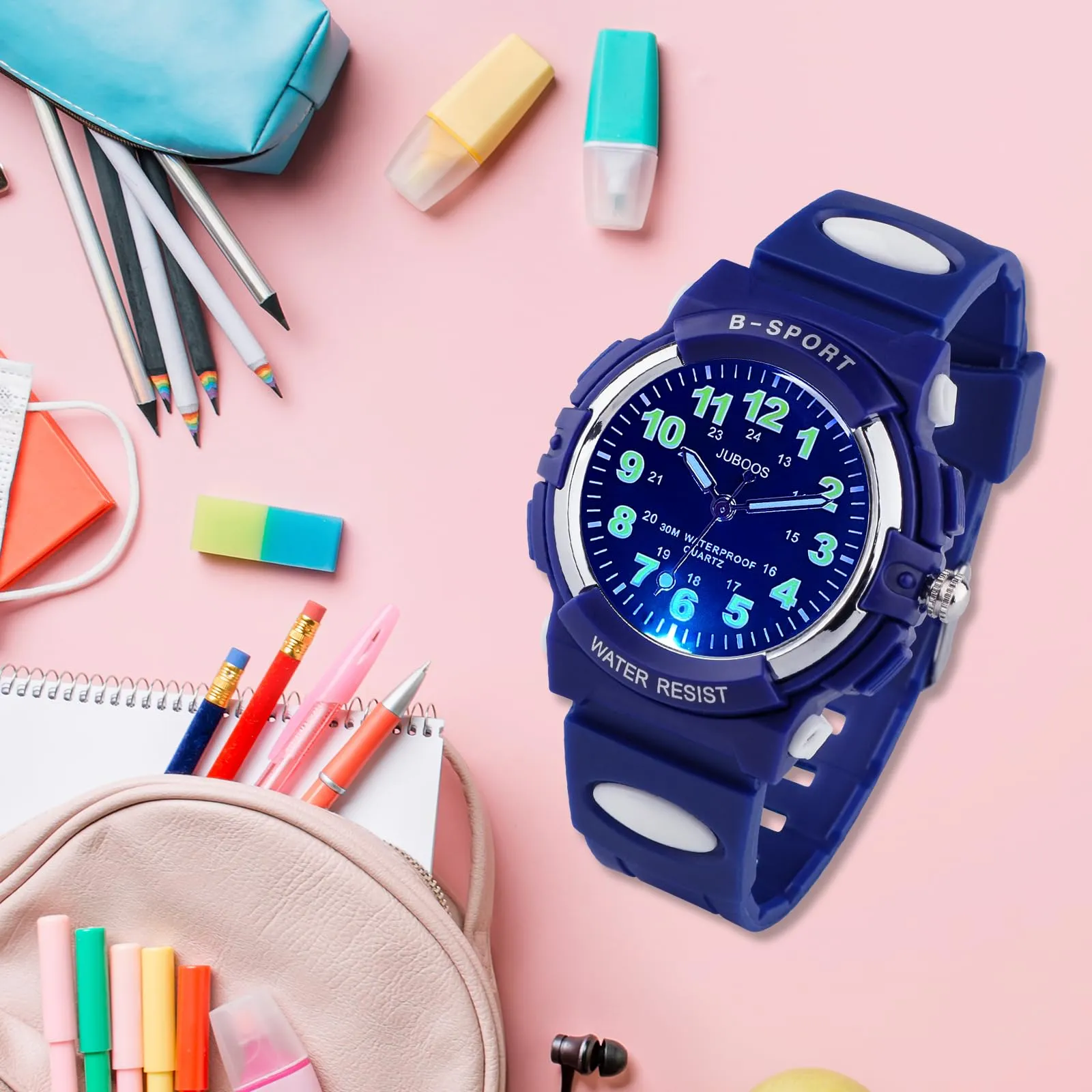 Juboos Orologio Analogico per Bambini con 7 Luci Notturne, Impermeabile, Cinturino Morbido, Quartz, 5-18 Anni - immagine 5