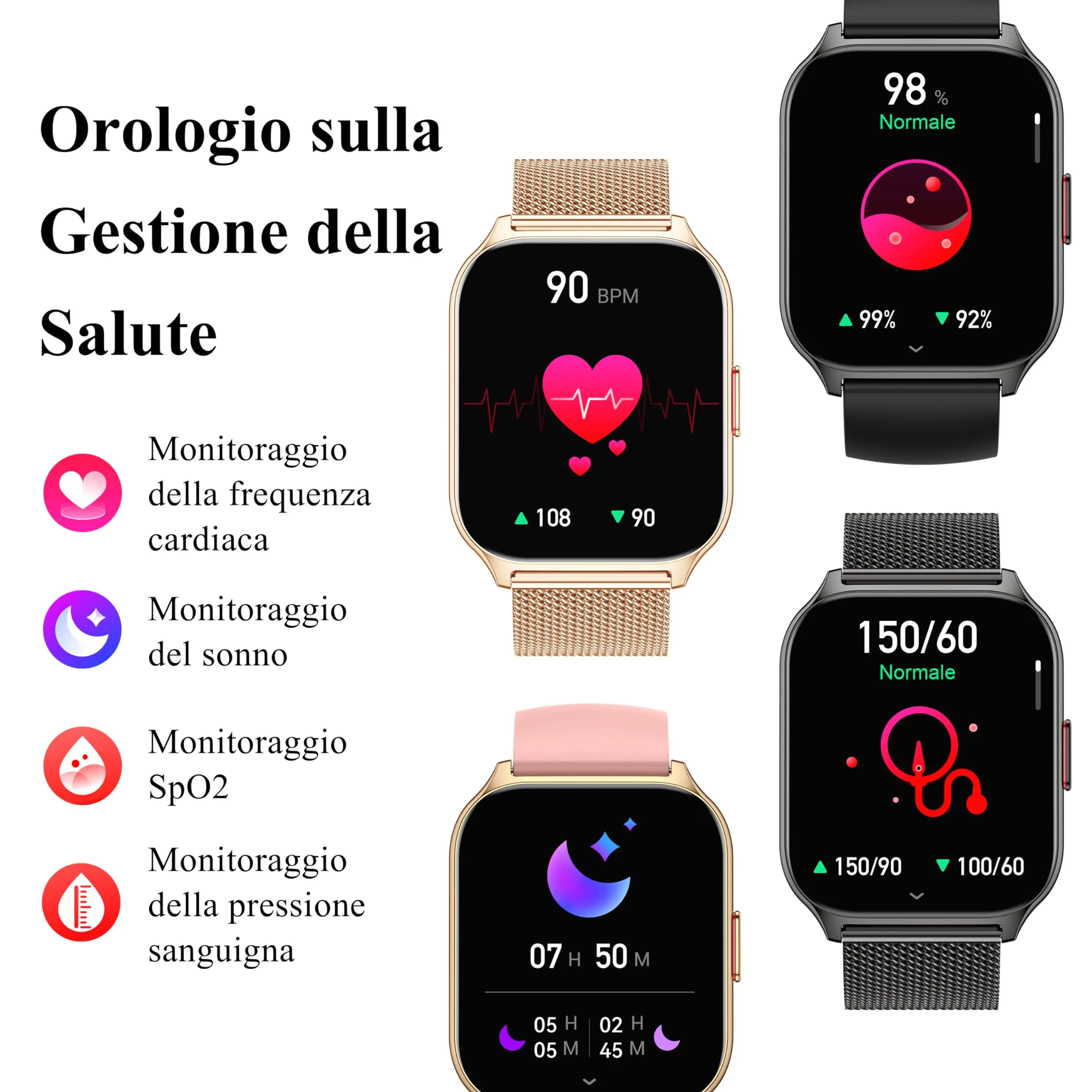 Popglory P95 Smartwatch, 2,01 Pollici, Chiamate Bluetooth, 100+ Modalità Sportive, Monitor SpO2, Pressione Sanguigna, Cardiofrequenzimetro e Sonno, Compatibile con iOS/Android - immagine 3
