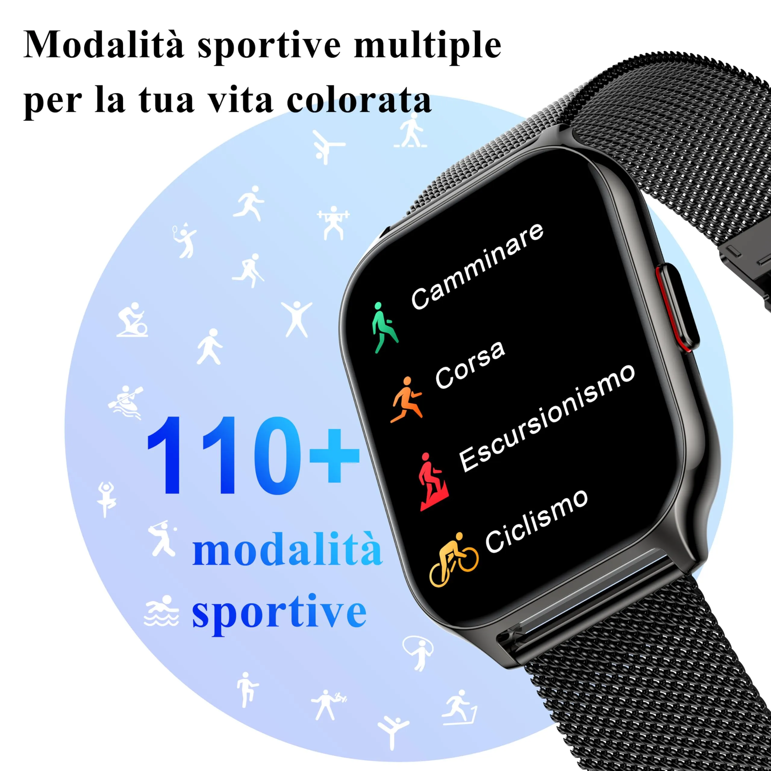 Popglory P95 Smartwatch, 2,01 Pollici, Chiamate Bluetooth, 100+ Modalità Sportive, Monitor SpO2, Pressione Sanguigna, Cardiofrequenzimetro e Sonno, Compatibile con iOS/Android - immagine 4