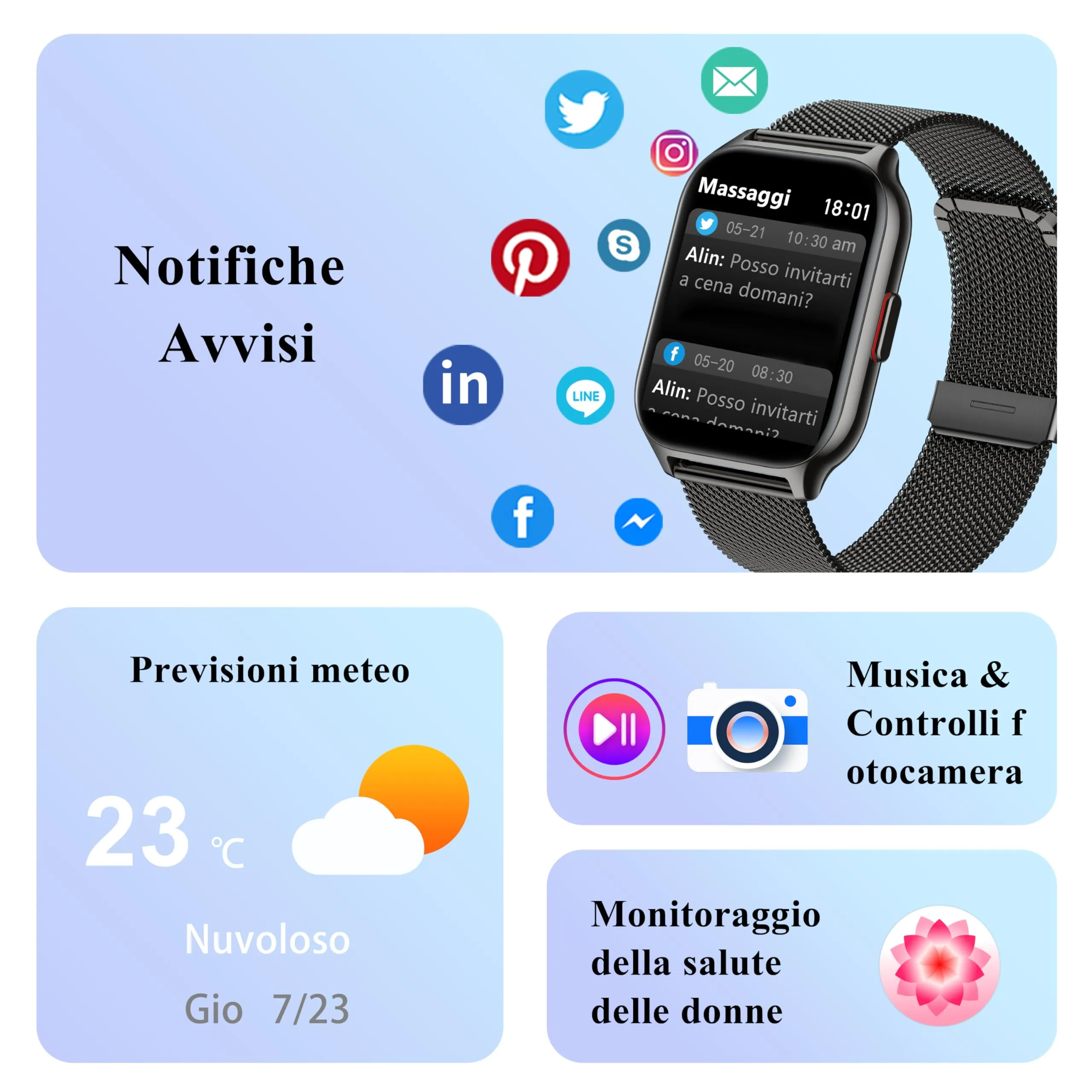 Popglory P95 Smartwatch, 2,01 Pollici, Chiamate Bluetooth, 100+ Modalità Sportive, Monitor SpO2, Pressione Sanguigna, Cardiofrequenzimetro e Sonno, Compatibile con iOS/Android - immagine 6