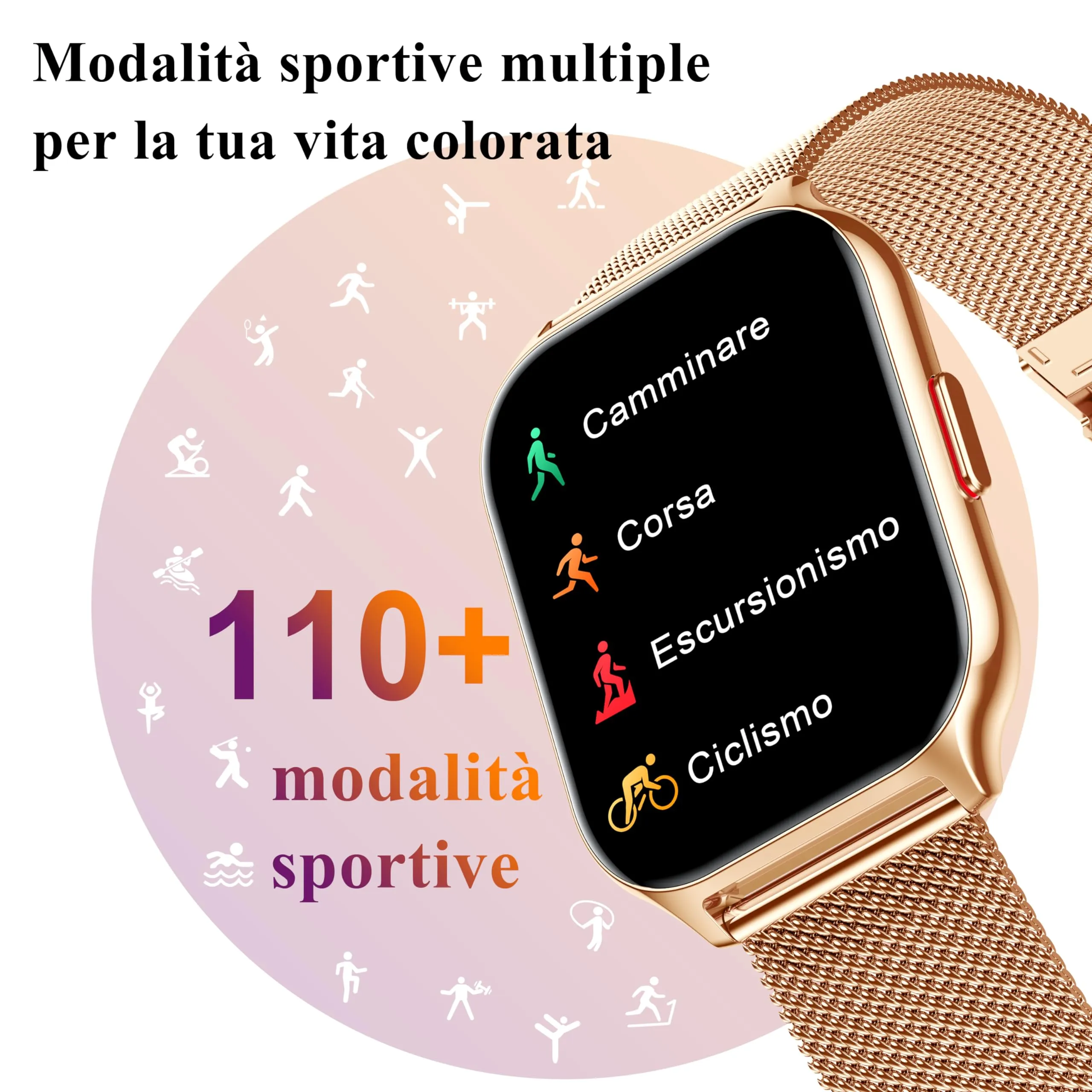 Popglory P95 Smartwatch, 2,01 Pollici, Chiamate Bluetooth, 100+ Modalità Sportive, Monitor SpO2 Pressione Sanguigna e Sonno, Cardiofrequenzimetro 24H, Compatibile con iOS/Android - immagine 4
