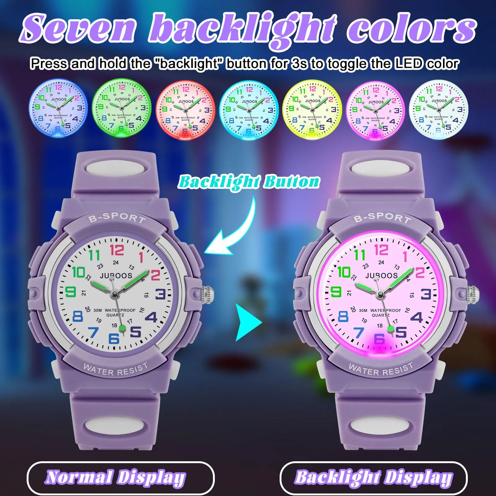 Juboos Orologio Analogico per Bambini con 7 Luci Notturne, Impermeabile, Quarzo, per Ragazzi e Ragazze 5-18 Anni - immagine 2
