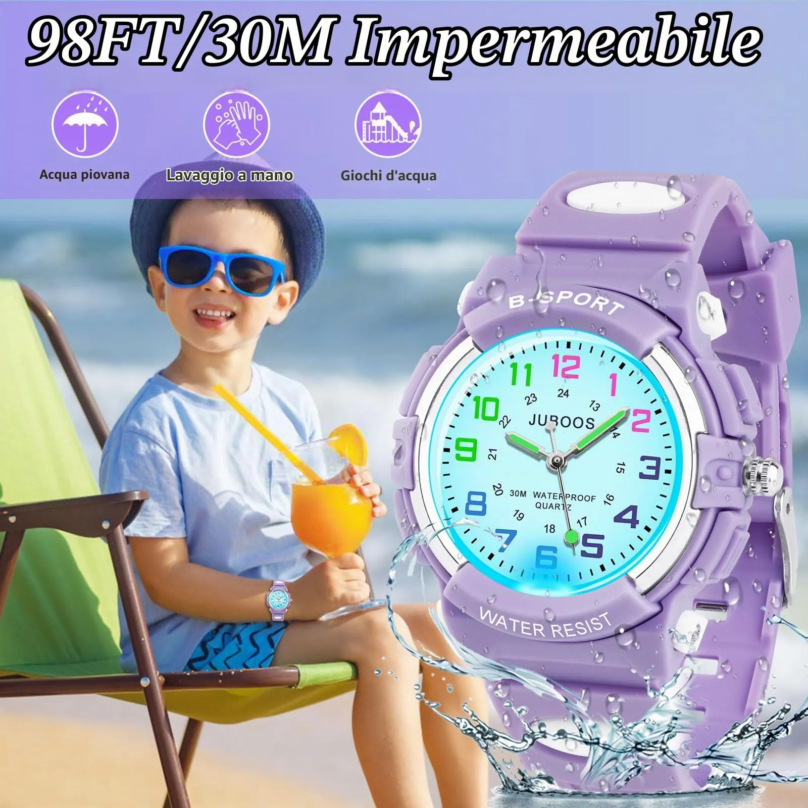 Juboos Orologio Analogico per Bambini con 7 Luci Notturne, Impermeabile, Quarzo, per Ragazzi e Ragazze 5-18 Anni - immagine 3