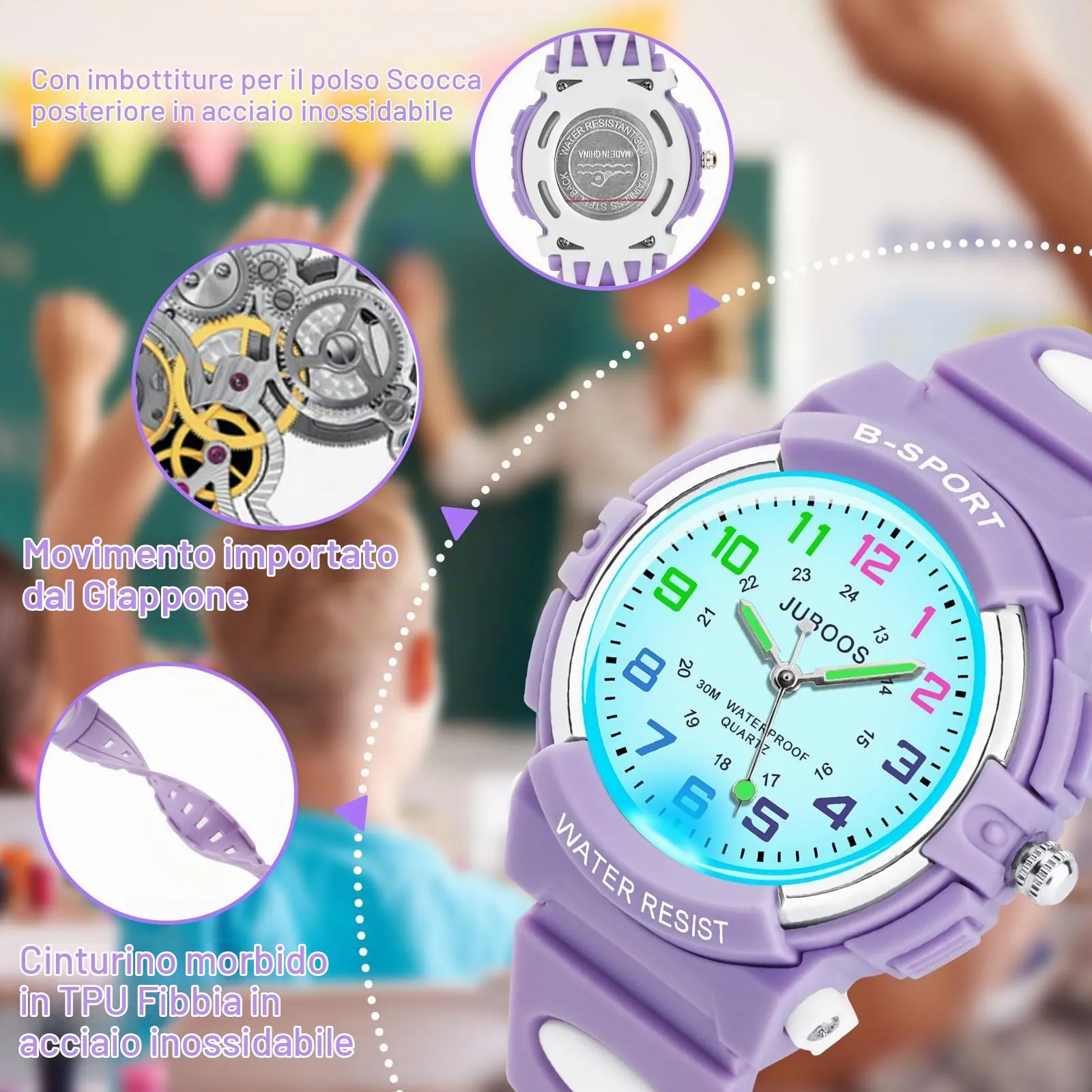 Juboos Orologio Analogico per Bambini con 7 Luci Notturne, Impermeabile, Quarzo, per Ragazzi e Ragazze 5-18 Anni - immagine 4