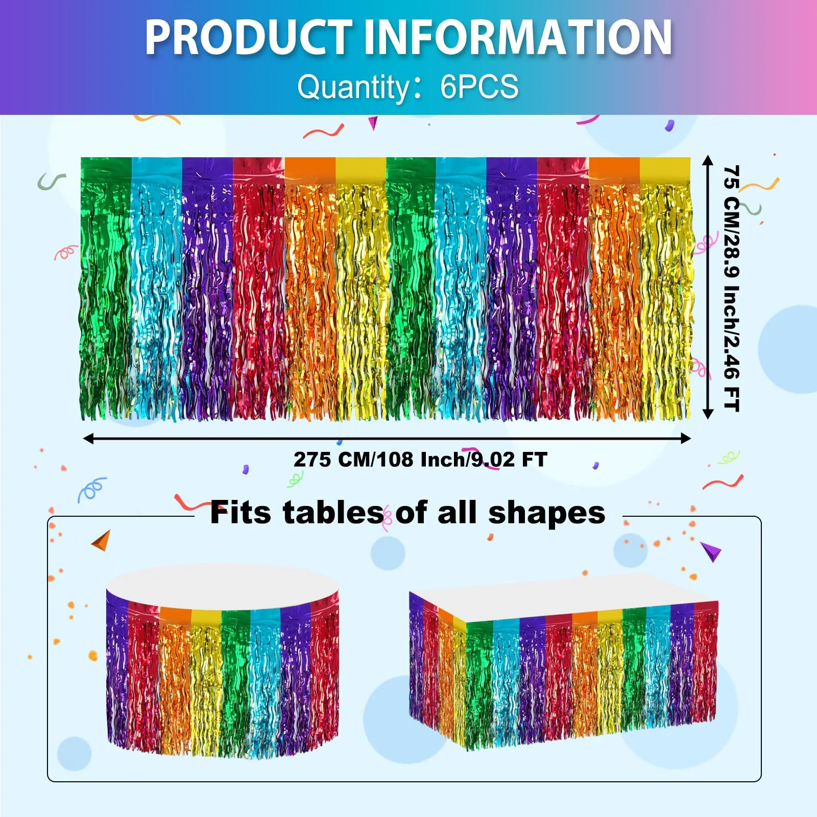 Bouiexye Gonne da Tavolo con Frange in Lamina, 6 Pezzi, 75 x 274 cm, Arcobaleno - immagine 2