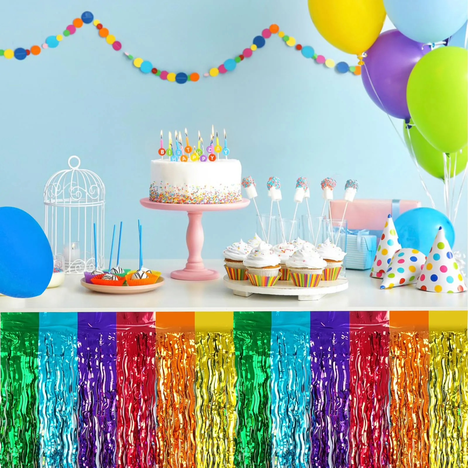 Bouiexye Gonne da Tavolo con Frange in Lamina, 6 Pezzi, 75 x 274 cm, Arcobaleno - immagine 6