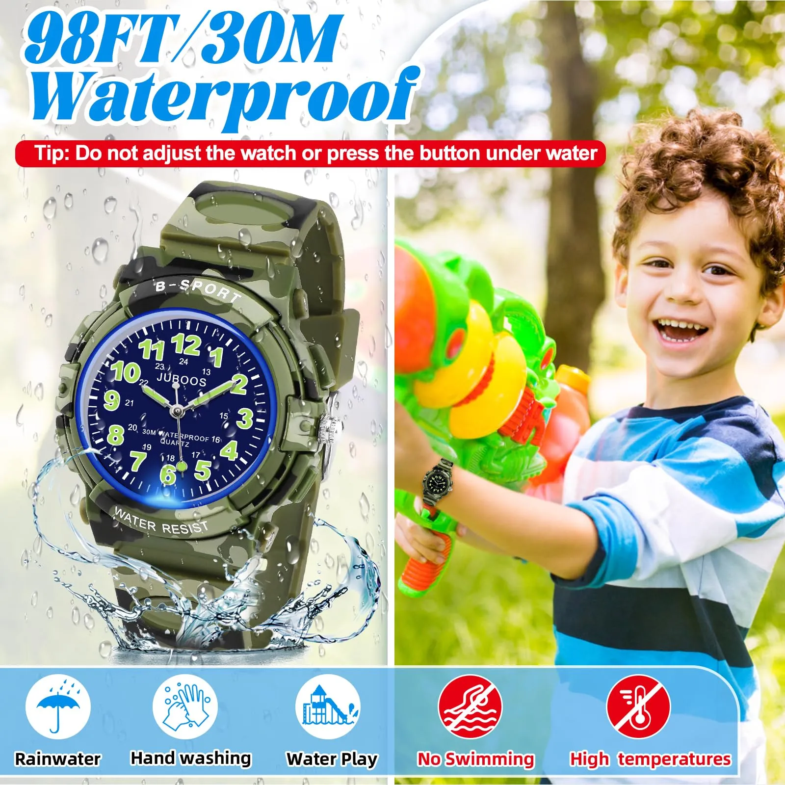Juboos Orologio Analogico per Bambini con 7 Luci Notturne, Impermeabile, Quarzo, per Ragazzi e Ragazze 5-18 Anni - immagine 2