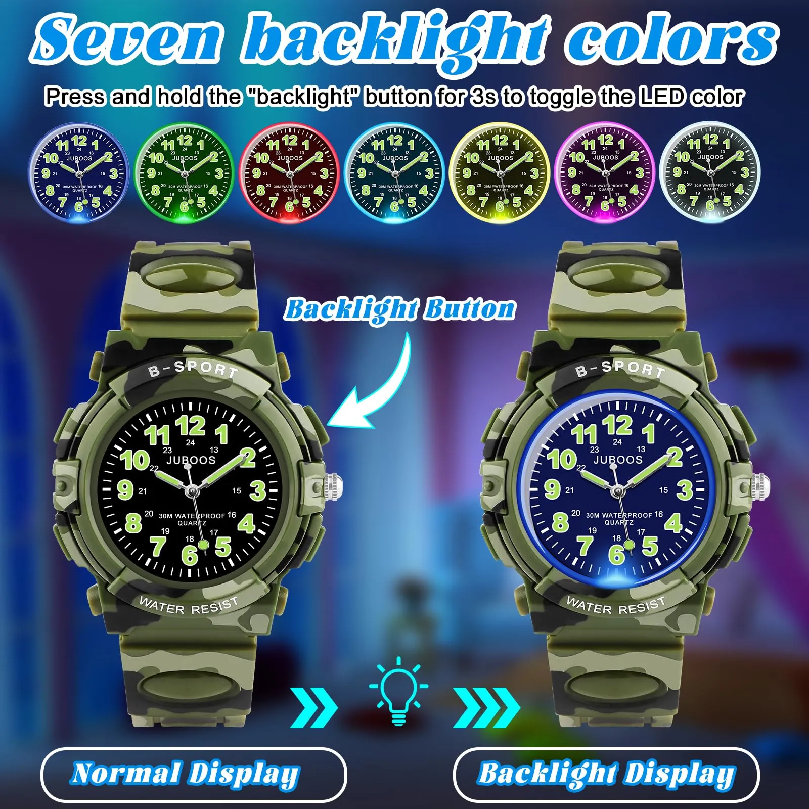 Juboos Orologio Analogico per Bambini con 7 Luci Notturne, Impermeabile, Quarzo, per Ragazzi e Ragazze 5-18 Anni - immagine 4