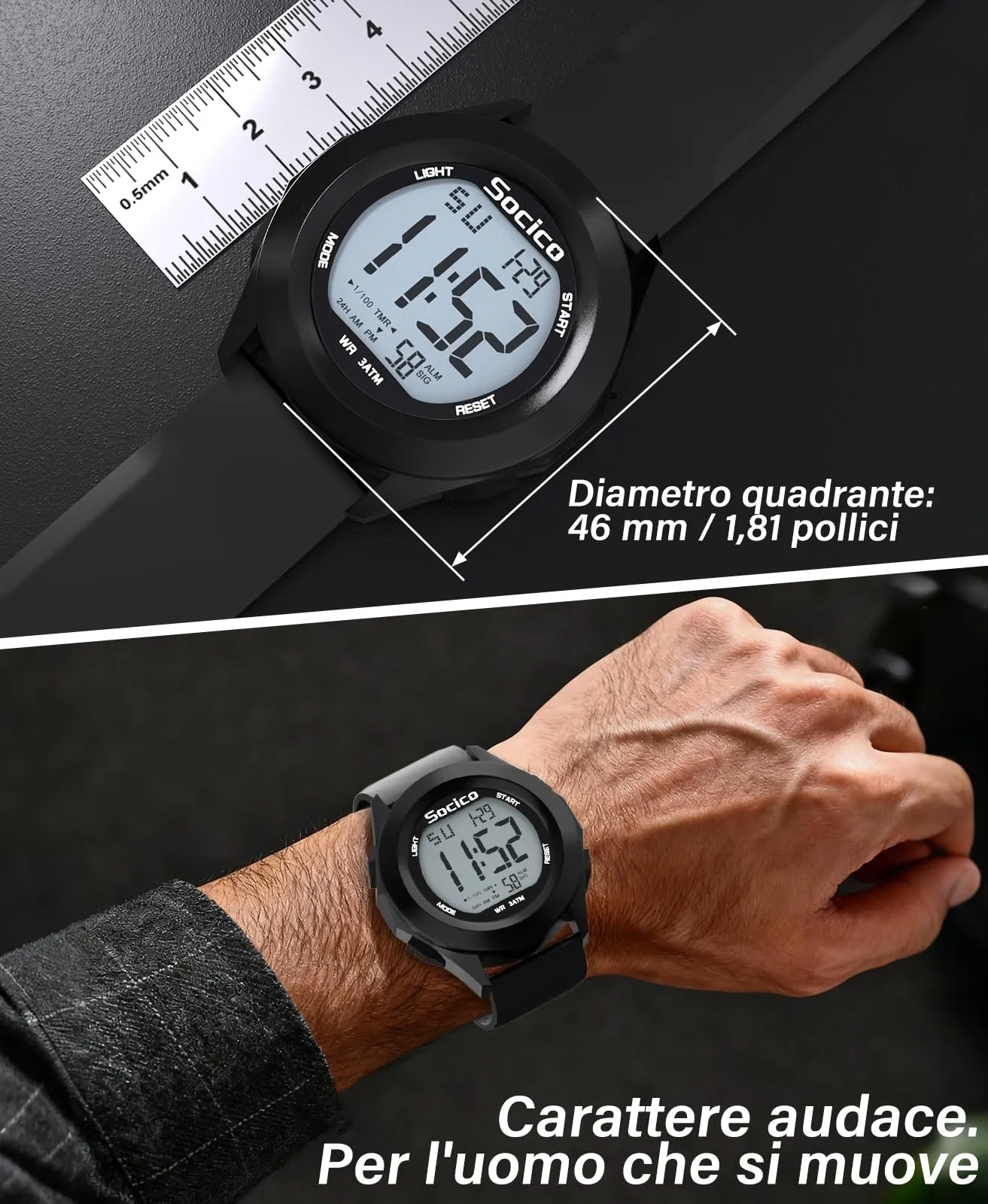 SOCICO Orologio Digitale da Uomo Sportivo Militare Impermeabile Nero - immagine 2