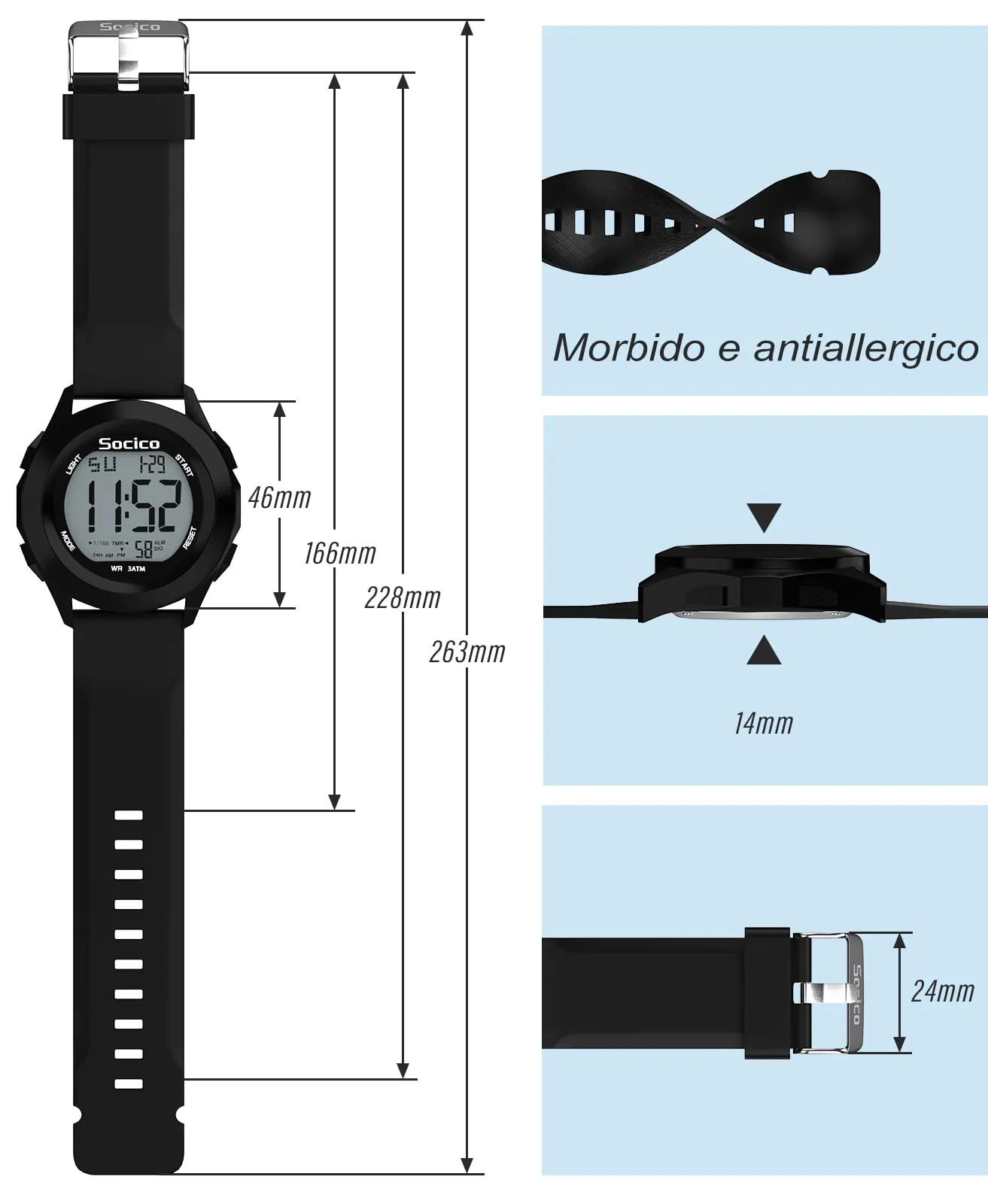 SOCICO Orologio Digitale da Uomo Sportivo Militare Impermeabile Nero - immagine 3