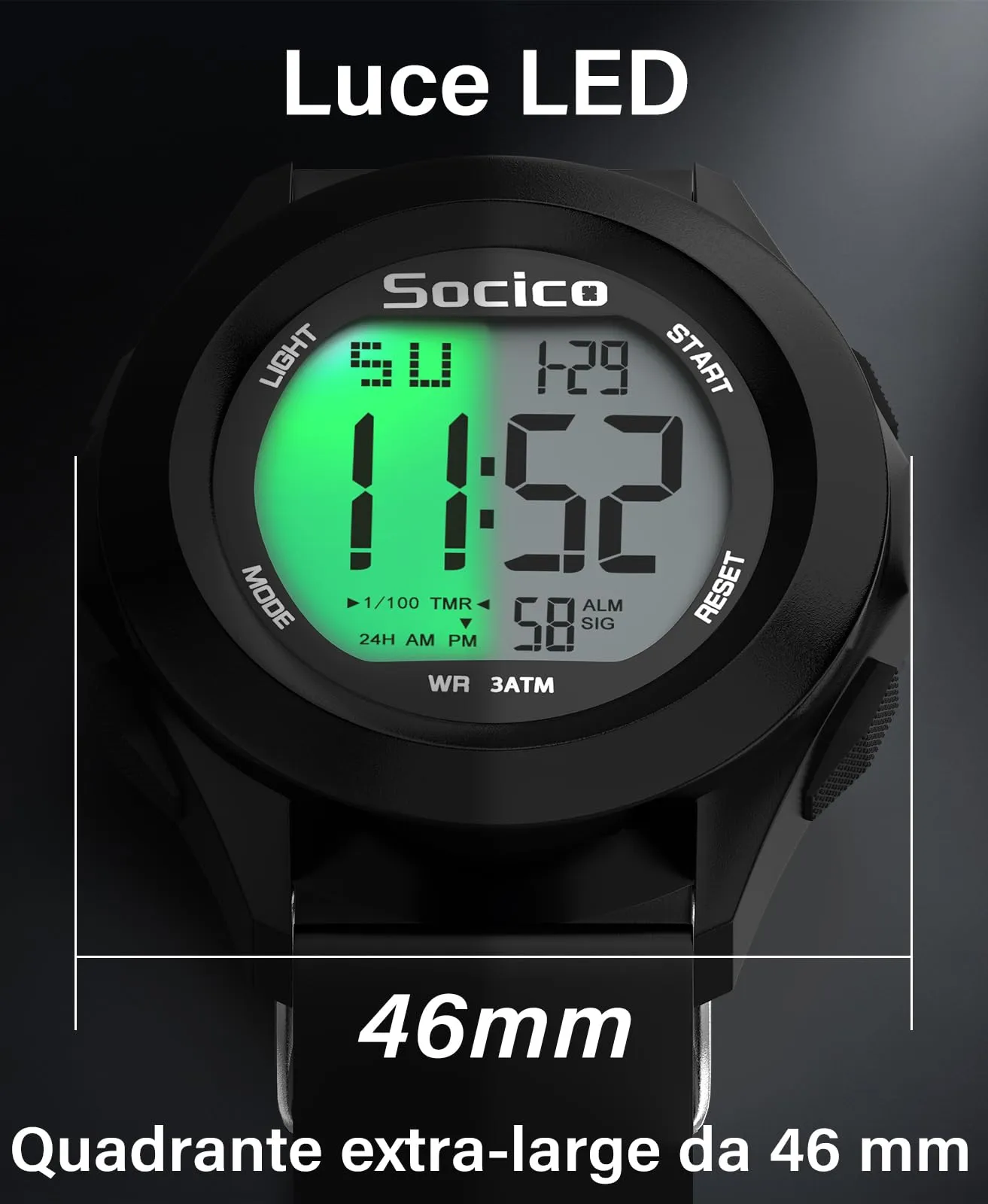 SOCICO Orologio Digitale da Uomo Sportivo Militare Impermeabile Nero - immagine 4