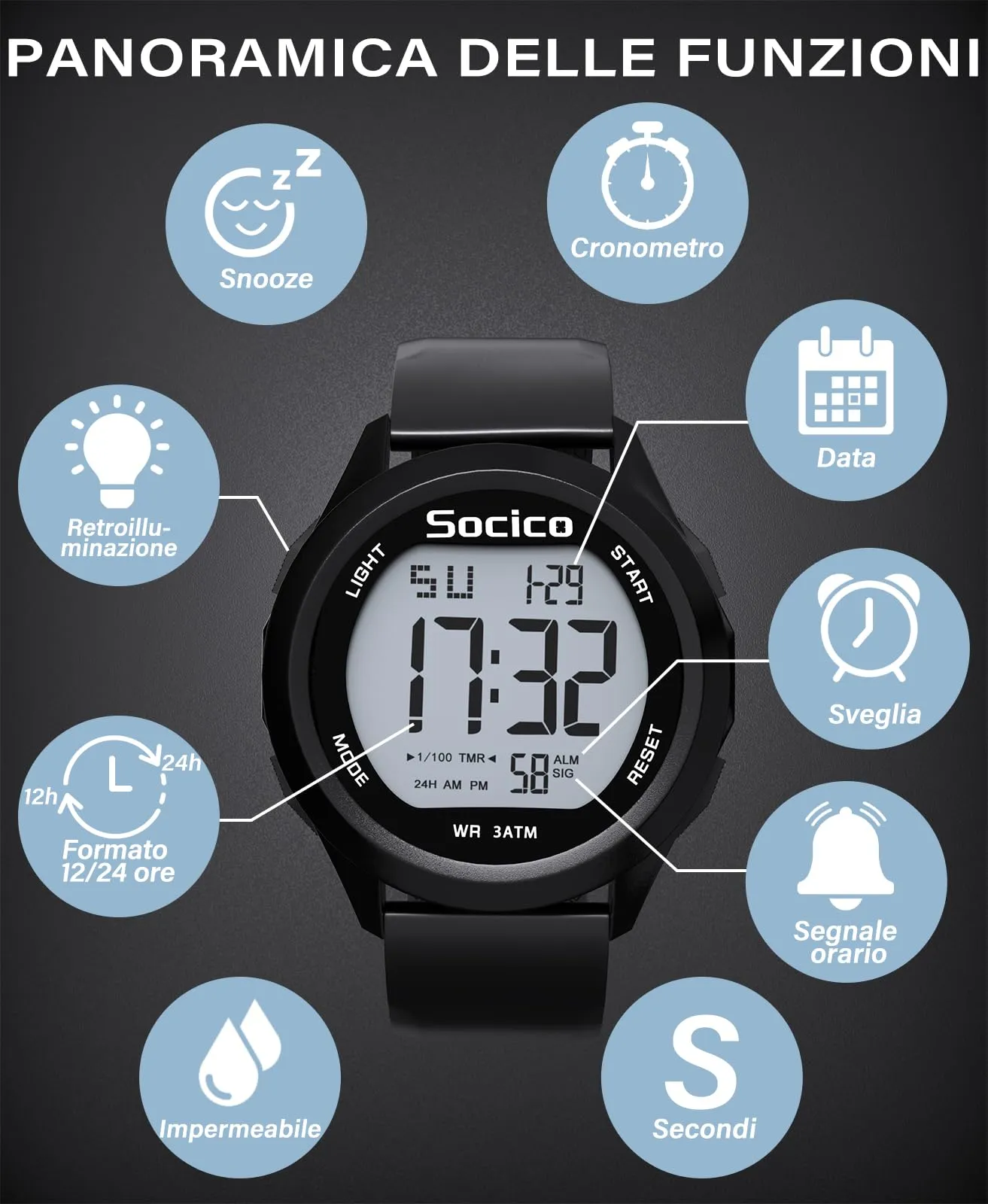 SOCICO Orologio Digitale da Uomo Sportivo Militare Impermeabile Nero - immagine 8