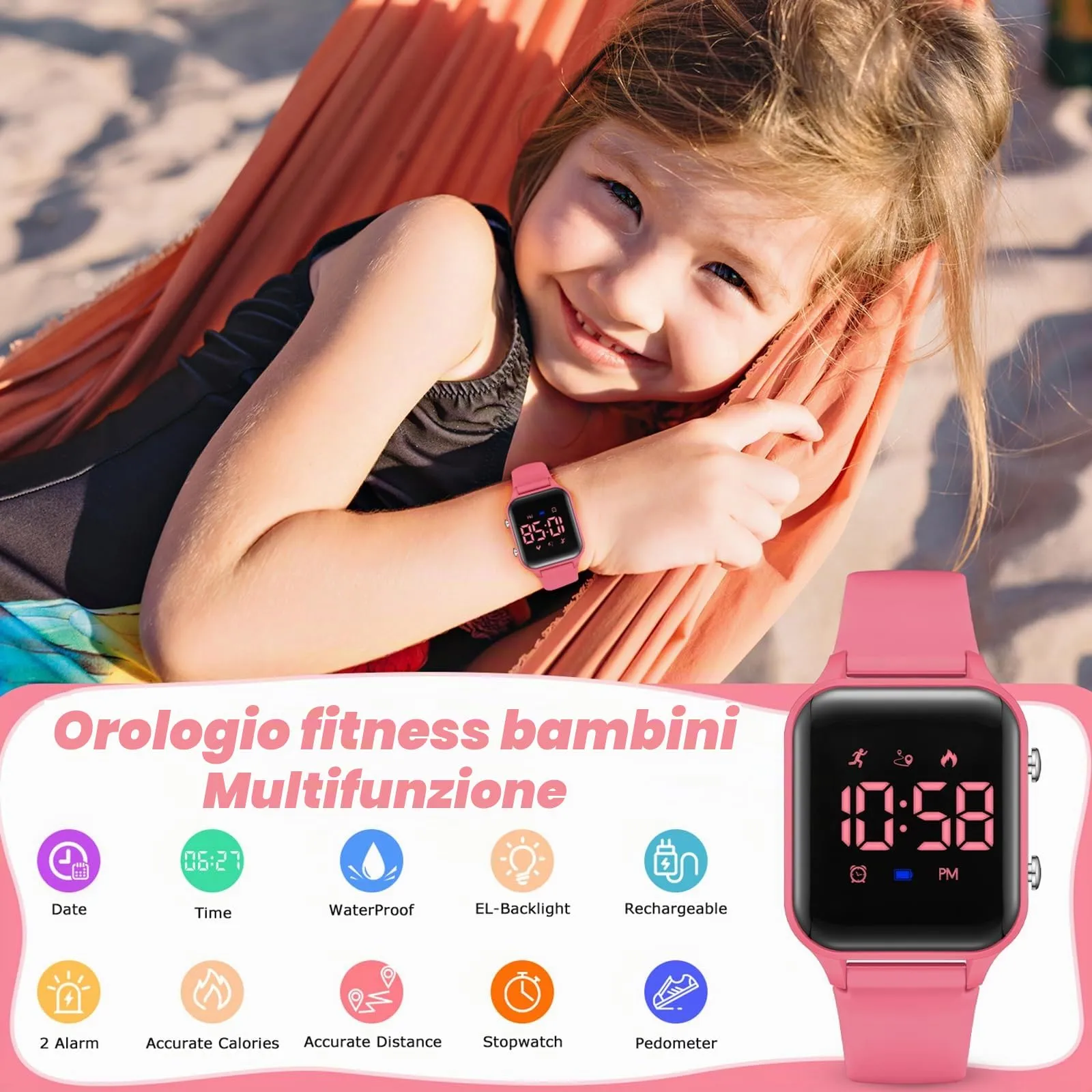 Timever Orologio Digitale per Bambini e Ragazzi con Contapassi, Sveglia, Cronometro, Luce e Data - Cinturino in Silicone - immagine 4