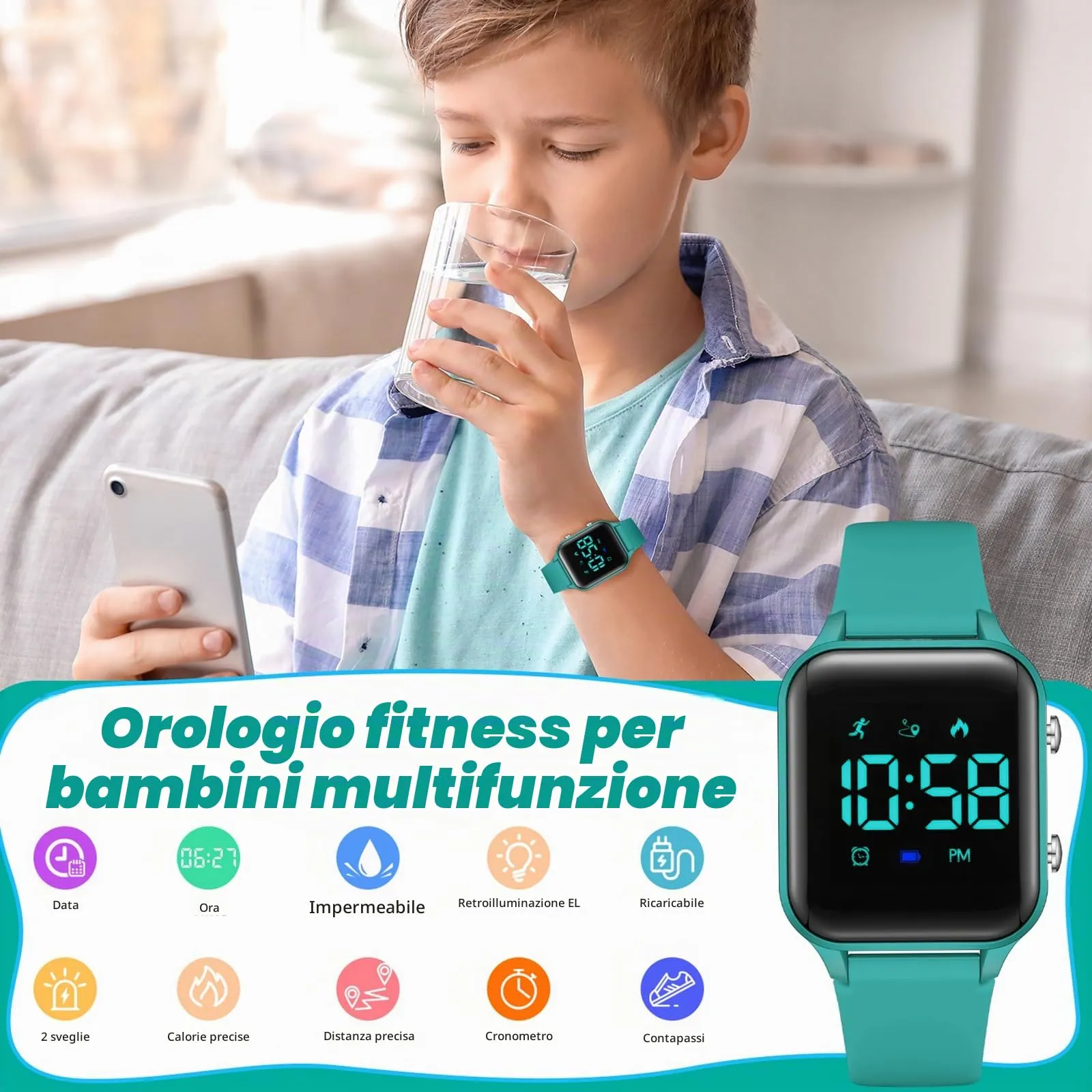 Timever Orologio Digitale per Bambini con Contapassi, Sveglia, Cronometro e Luce - L6615E-MG - immagine 4