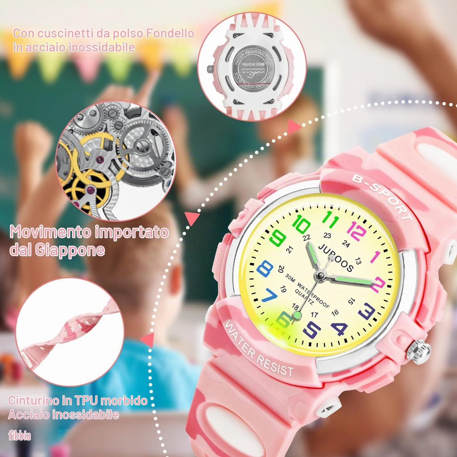 Juboos Orologio Analogico per Bambini, 7 Luci Notturne a Colori, Impermeabile 30M, 5-18 Anni - immagine 3