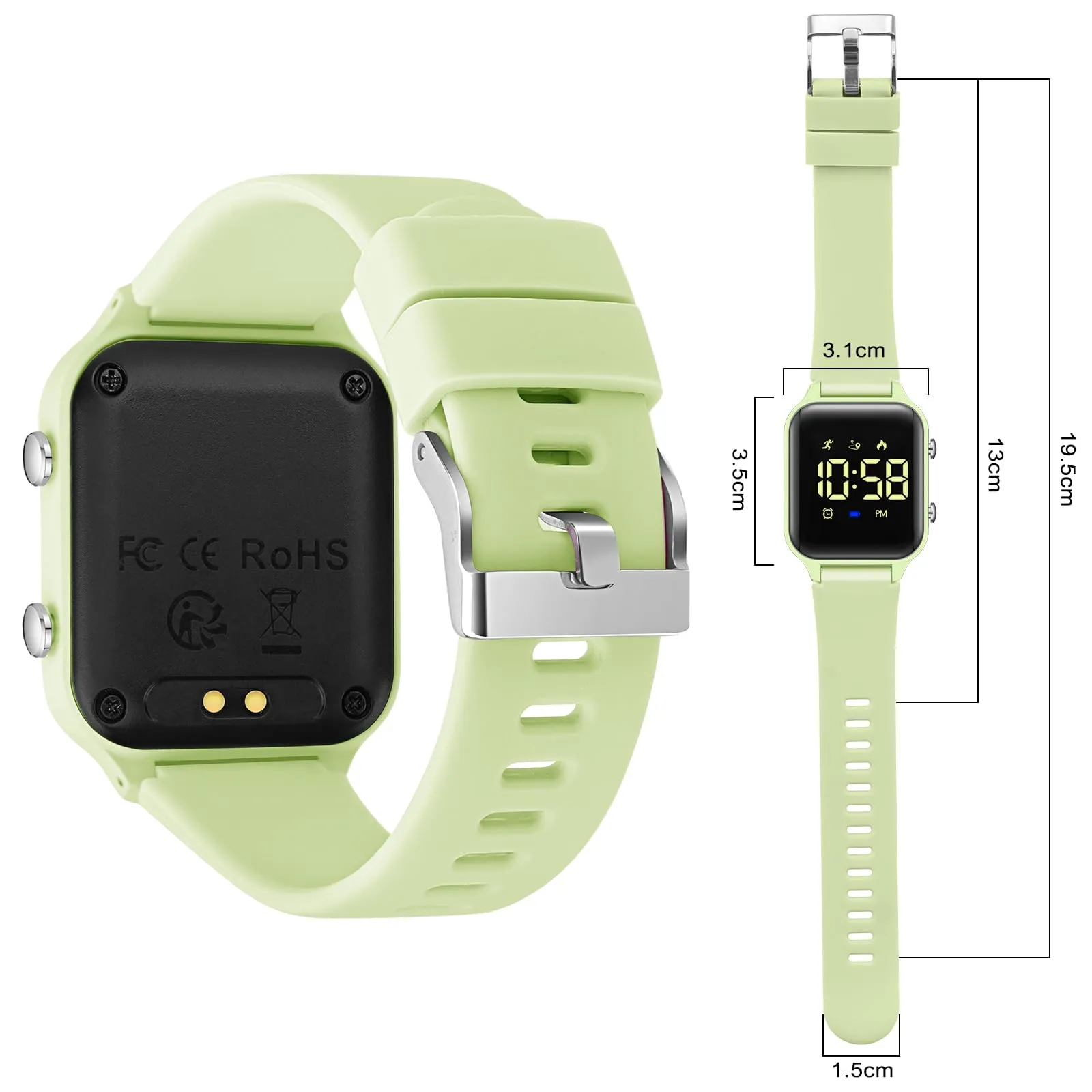 Timever Orologio Digitale per Bambini con Contapassi, Sveglia e Cronometro, Cinturino in Silicone, Verde Grigiastro - immagine 2