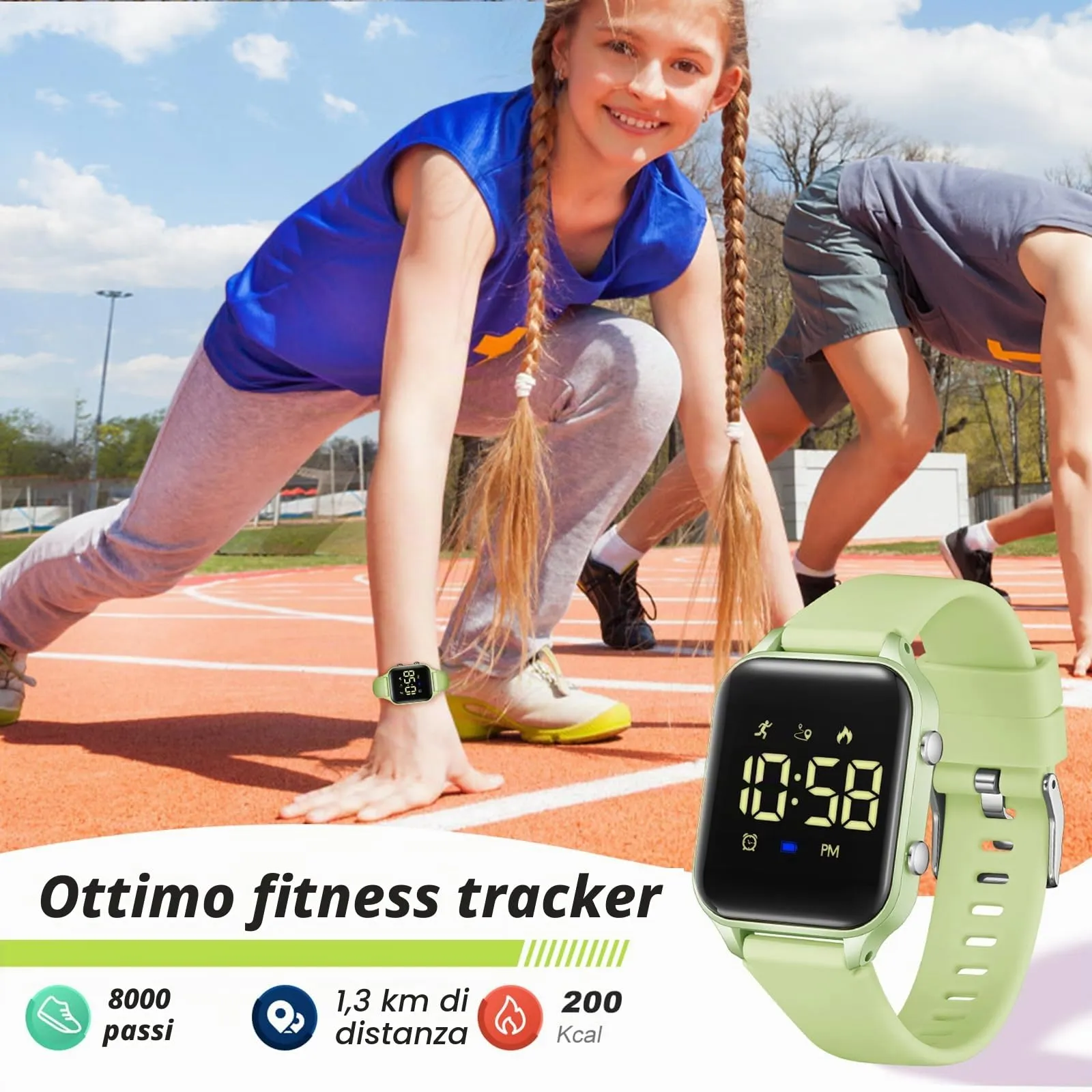 Timever Orologio Digitale per Bambini con Contapassi, Sveglia e Cronometro, Cinturino in Silicone, Verde Grigiastro - immagine 3