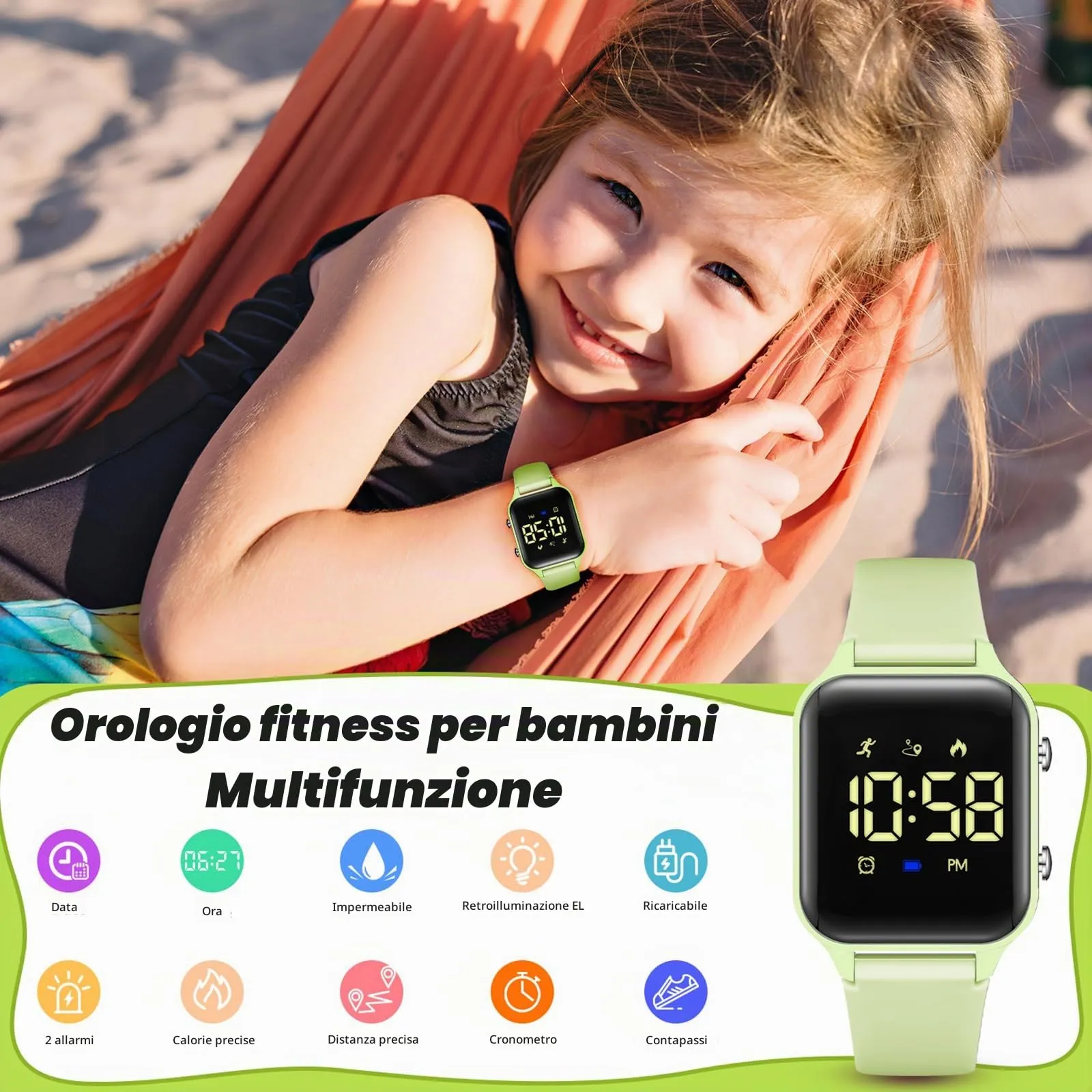 Timever Orologio Digitale per Bambini con Contapassi, Sveglia e Cronometro, Cinturino in Silicone, Verde Grigiastro - immagine 4