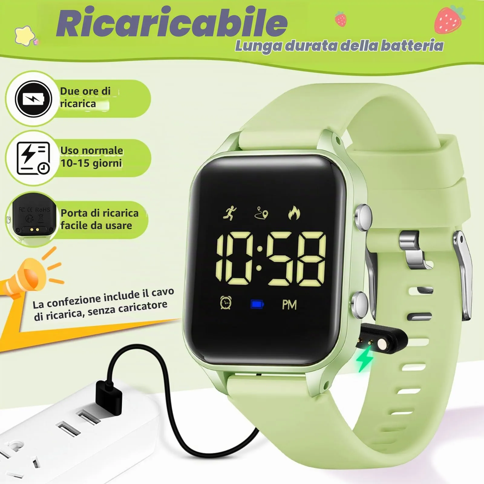 Timever Orologio Digitale per Bambini con Contapassi, Sveglia e Cronometro, Cinturino in Silicone, Verde Grigiastro - immagine 6