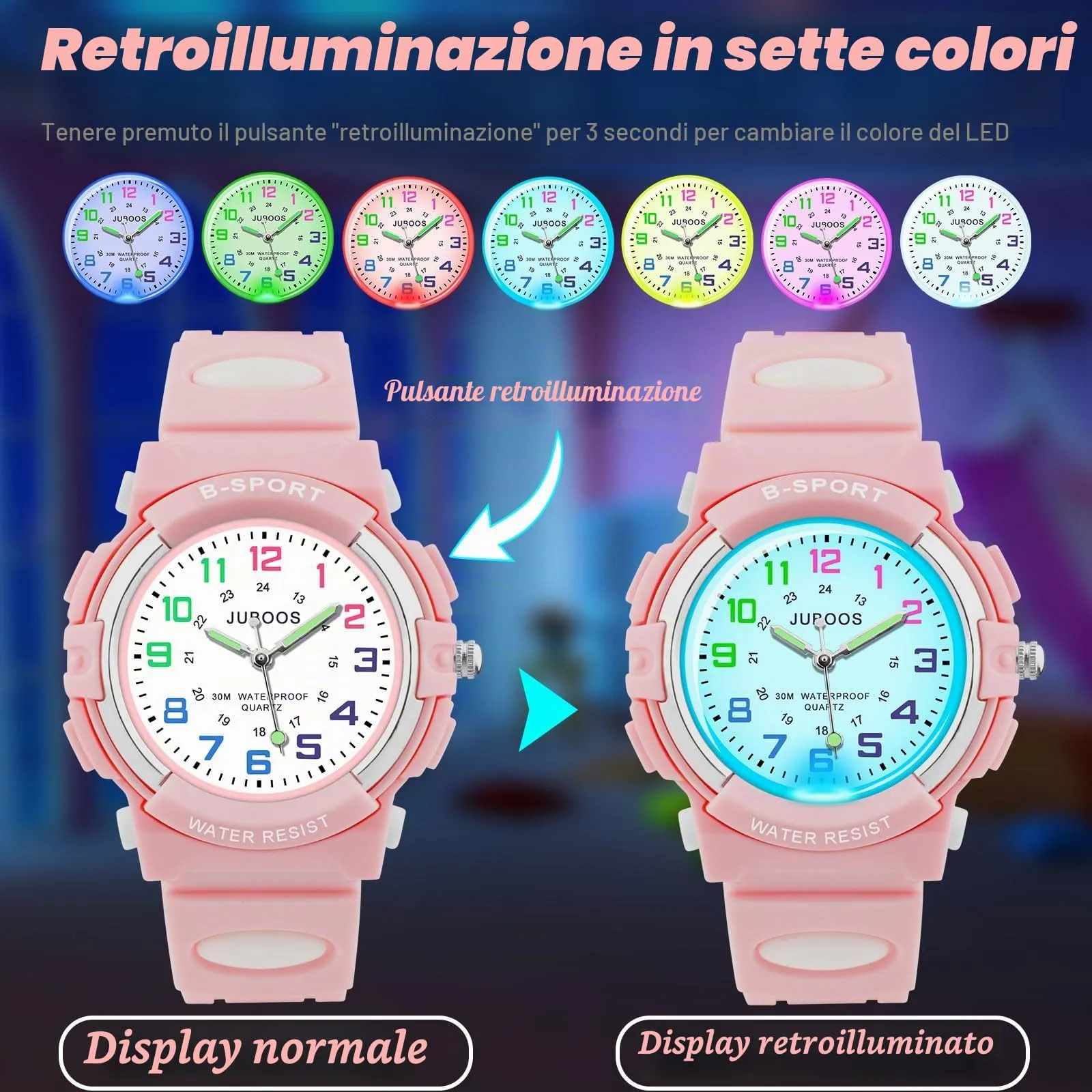Juboos Orologio Analogico per Bambini con 7 Luci Notturne, Impermeabile, Quarzo, per Ragazzi e Ragazze 5-18 Anni - immagine 2