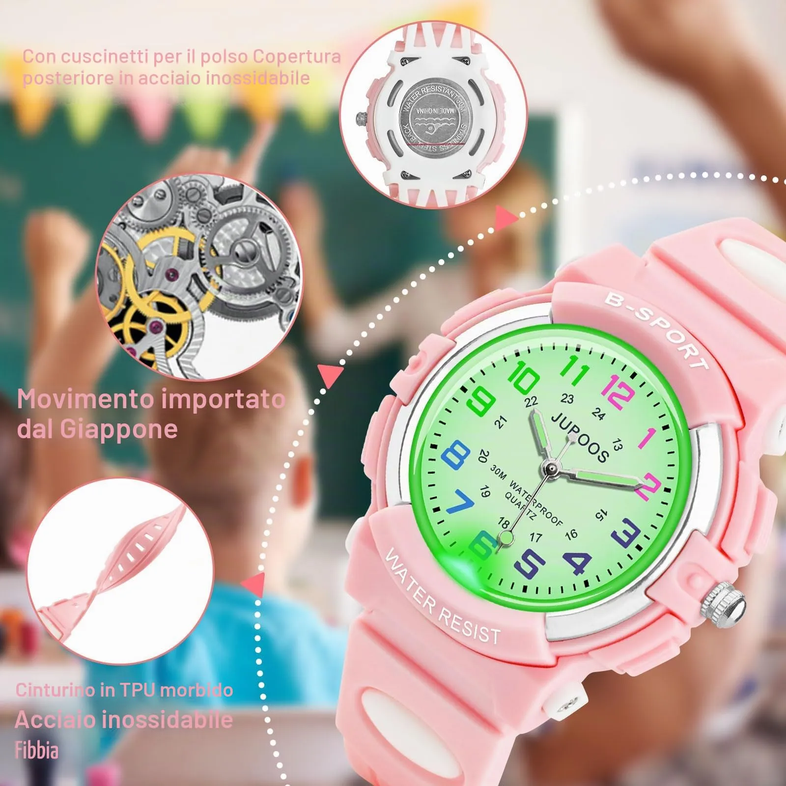 Juboos Orologio Analogico per Bambini con 7 Luci Notturne, Impermeabile, Quarzo, per Ragazzi e Ragazze 5-18 Anni - immagine 3