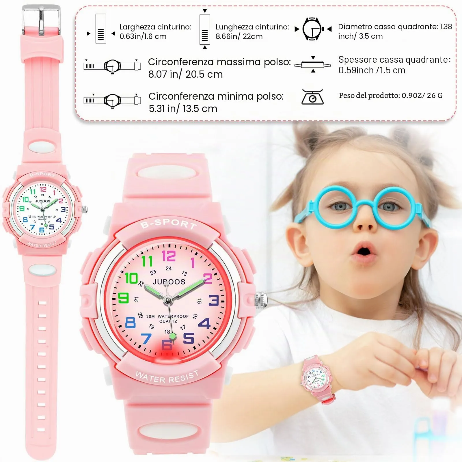 Juboos Orologio Analogico per Bambini con 7 Luci Notturne, Impermeabile, Quarzo, per Ragazzi e Ragazze 5-18 Anni - immagine 4