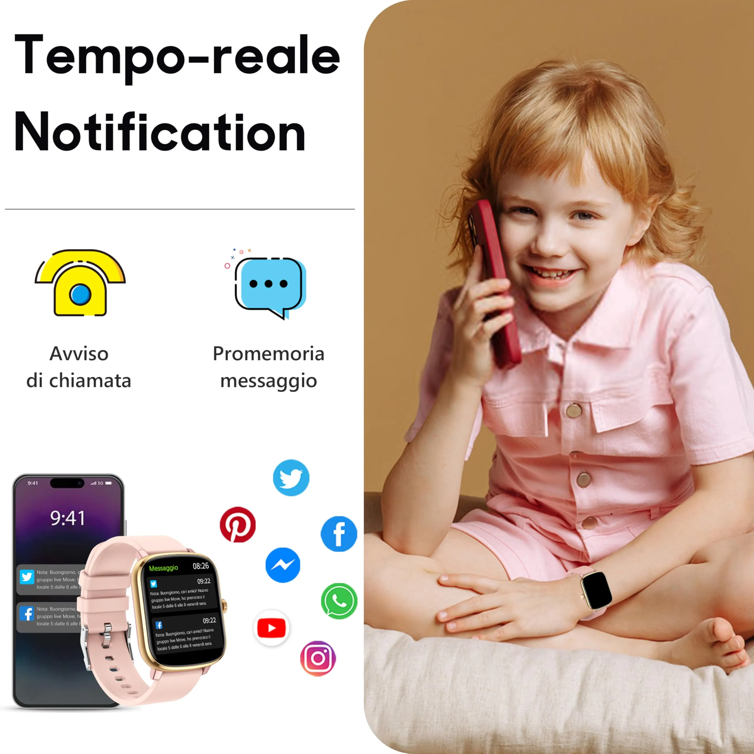 Popglory Piccolo Smartwatch per Donna e Ragazza, 1,69 Pollici, 110+ Modalità Sportive, Monitor Frequenza Cardiaca, SpO2, Pressione Sanguigna e Sonno, Notifiche Chiamate e Whatsapp, per Android e iOS - immagine 2