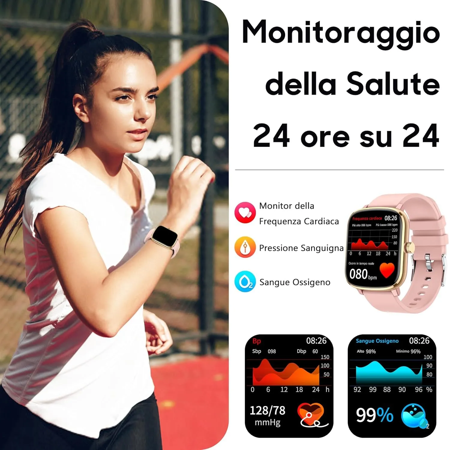 Popglory Piccolo Smartwatch per Donna e Ragazza, 1,69 Pollici, 110+ Modalità Sportive, Monitor Frequenza Cardiaca, SpO2, Pressione Sanguigna e Sonno, Notifiche Chiamate e Whatsapp, per Android e iOS - immagine 3