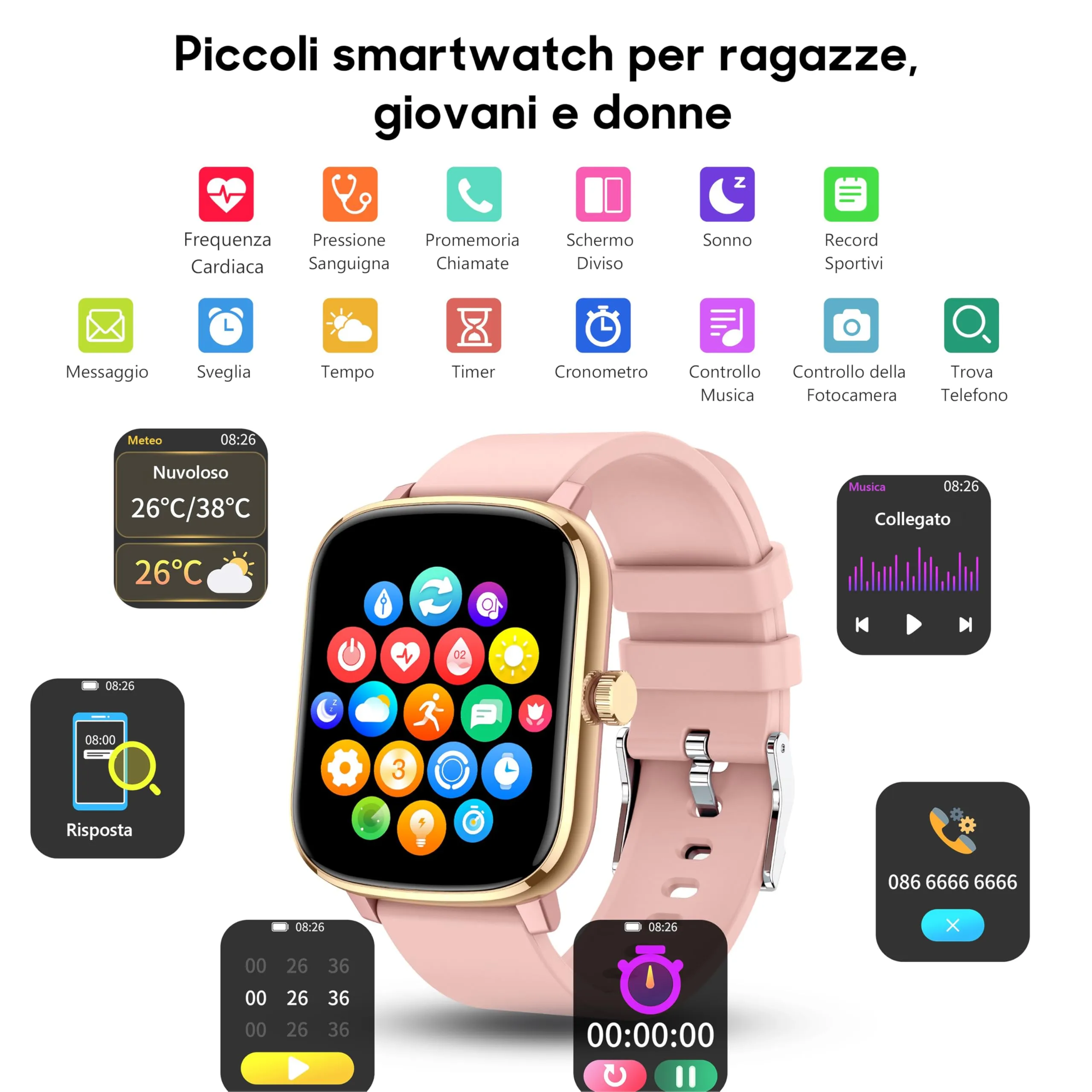 Popglory Piccolo Smartwatch per Donna e Ragazza, 1,69 Pollici, 110+ Modalità Sportive, Monitor Frequenza Cardiaca, SpO2, Pressione Sanguigna e Sonno, Notifiche Chiamate e Whatsapp, per Android e iOS - immagine 6