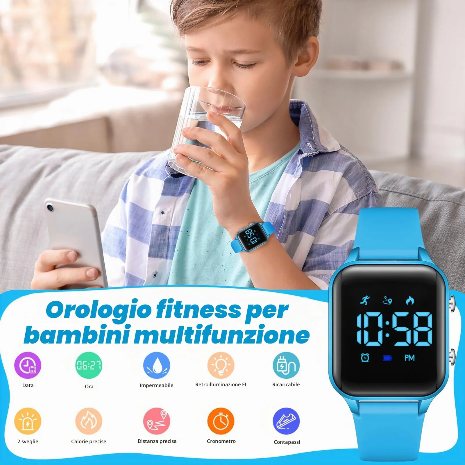 Timever Orologio Digitale per Bambini e Ragazzi L6615E-DB con Contapassi, Sveglia, Cronometro e Cinturino in Silicone - immagine 4