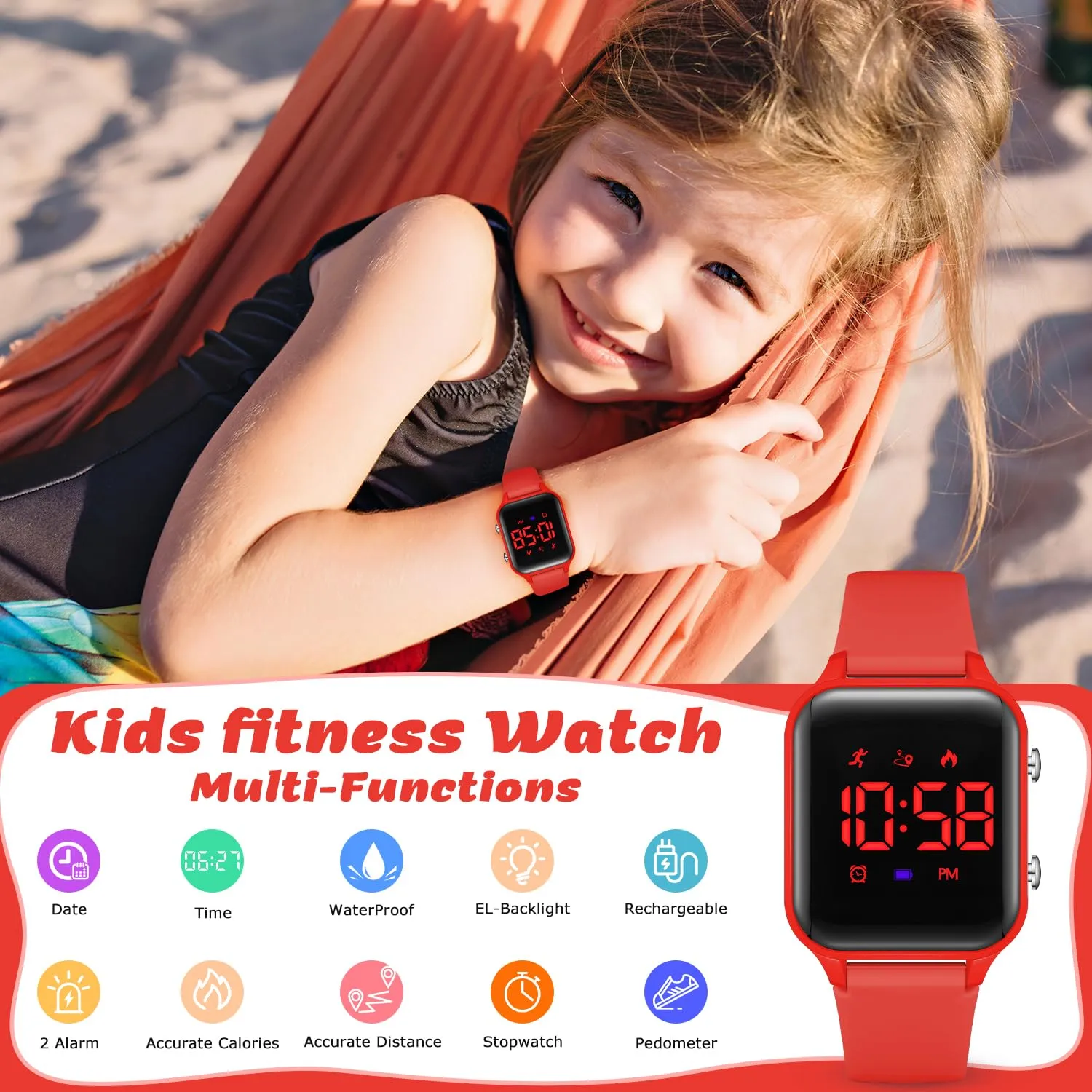 Timever Orologio Digitale per Bambini e Ragazzi con Contapassi, Sveglia, Cronometro, Luce e Data, Cinturino in Silicone - immagine 4