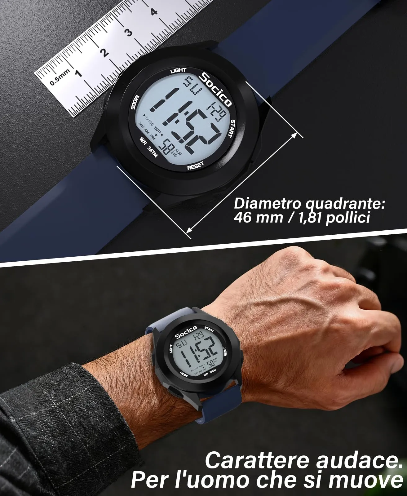 SOCICO Orologio Digitale da Uomo Sportivo Militare Impermeabile con Cronografo, Illuminazione LED, Sveglia e Data (Blu) - immagine 2