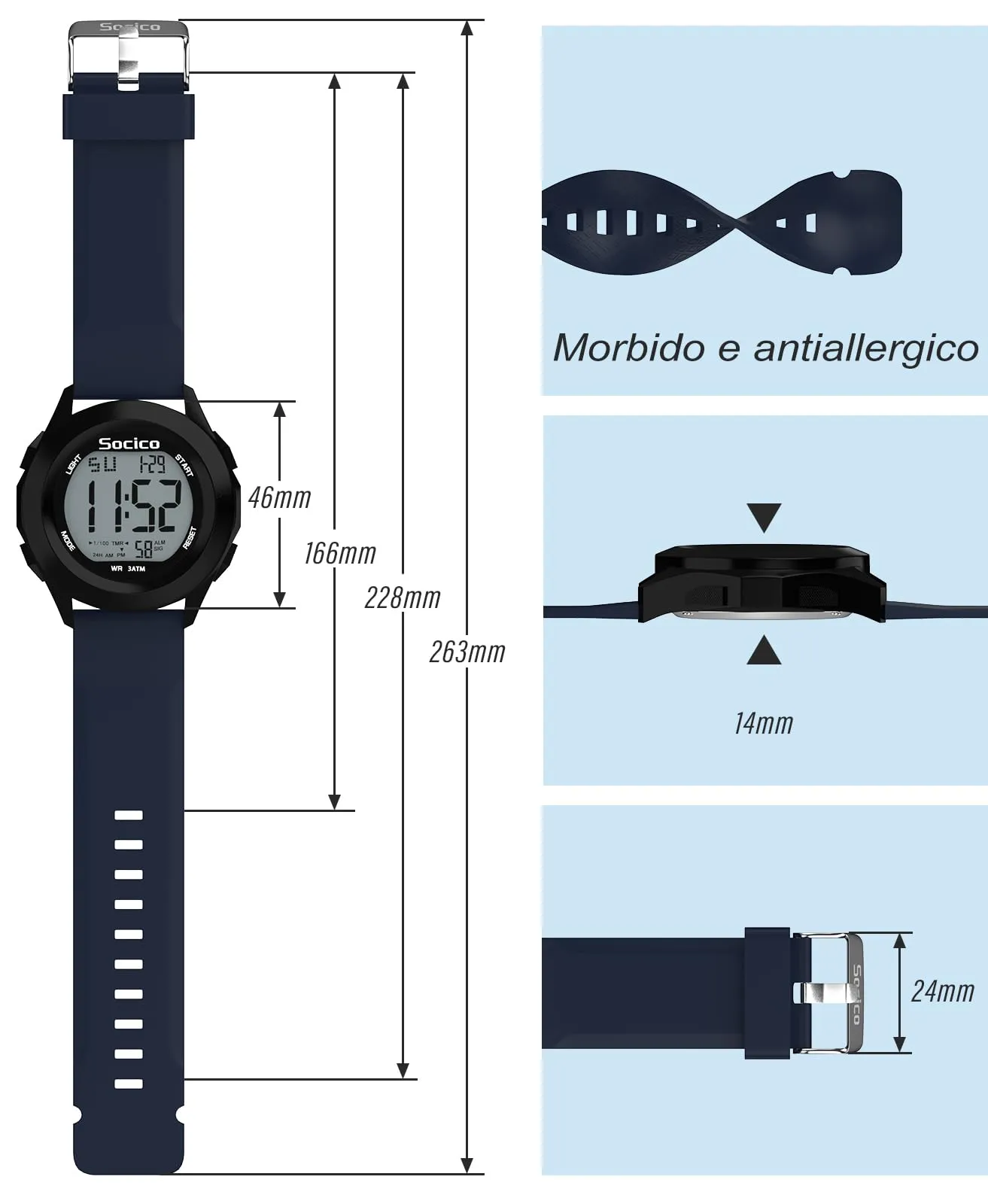 SOCICO Orologio Digitale da Uomo Sportivo Militare Impermeabile con Cronografo, Illuminazione LED, Sveglia e Data (Blu) - immagine 3