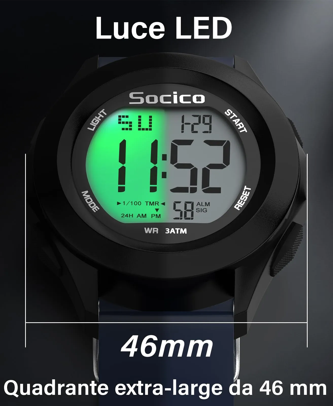 SOCICO Orologio Digitale da Uomo Sportivo Militare Impermeabile con Cronografo, Illuminazione LED, Sveglia e Data (Blu) - immagine 4