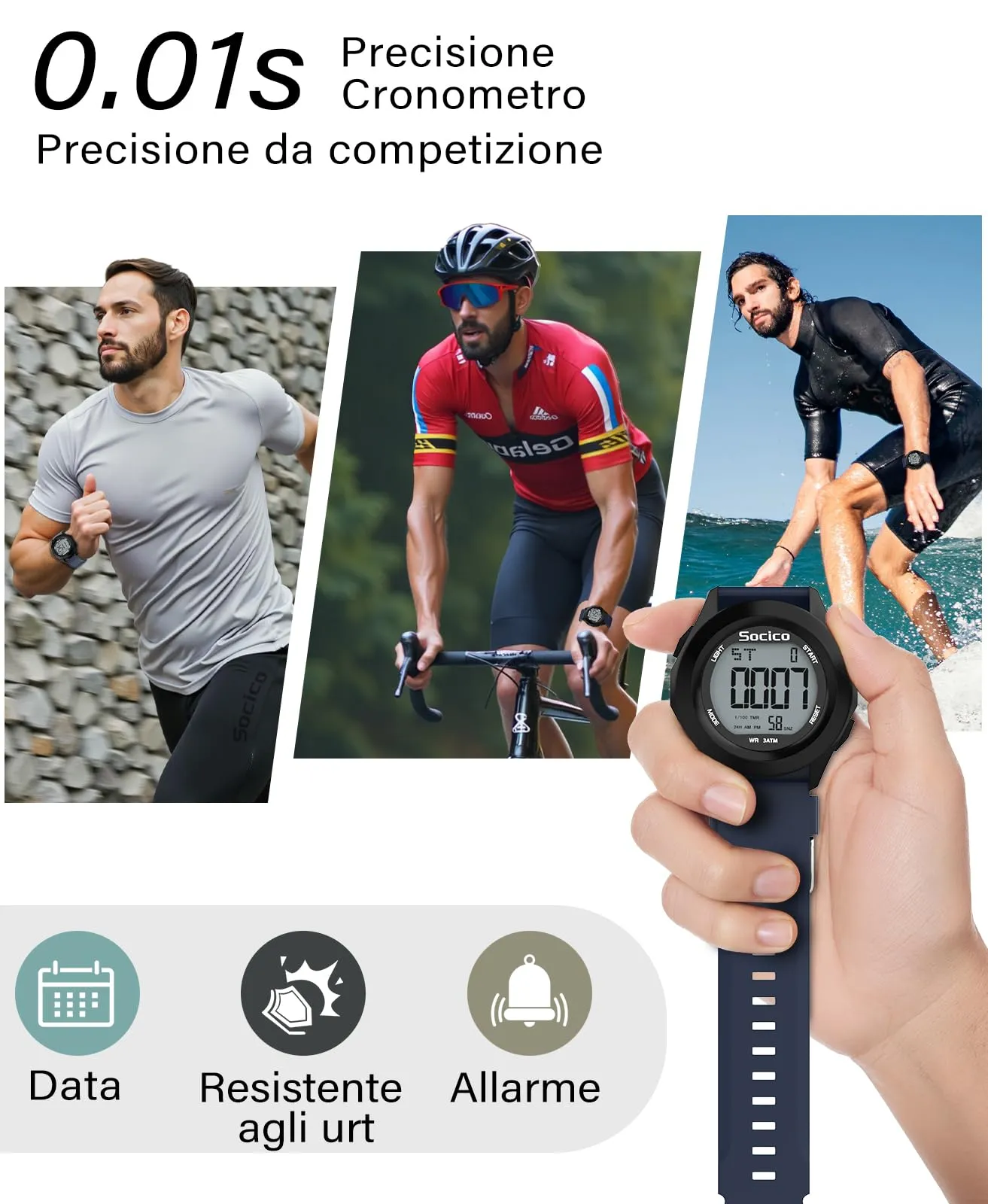 SOCICO Orologio Digitale da Uomo Sportivo Militare Impermeabile con Cronografo, Illuminazione LED, Sveglia e Data (Blu) - immagine 5