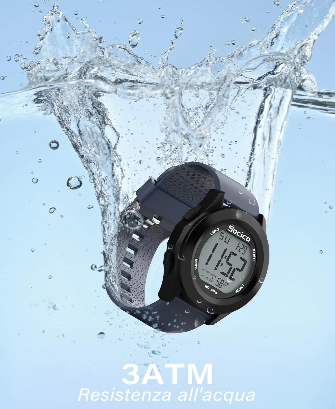 SOCICO Orologio Digitale da Uomo Sportivo Militare Impermeabile con Cronografo, Illuminazione LED, Sveglia e Data (Blu) - immagine 6