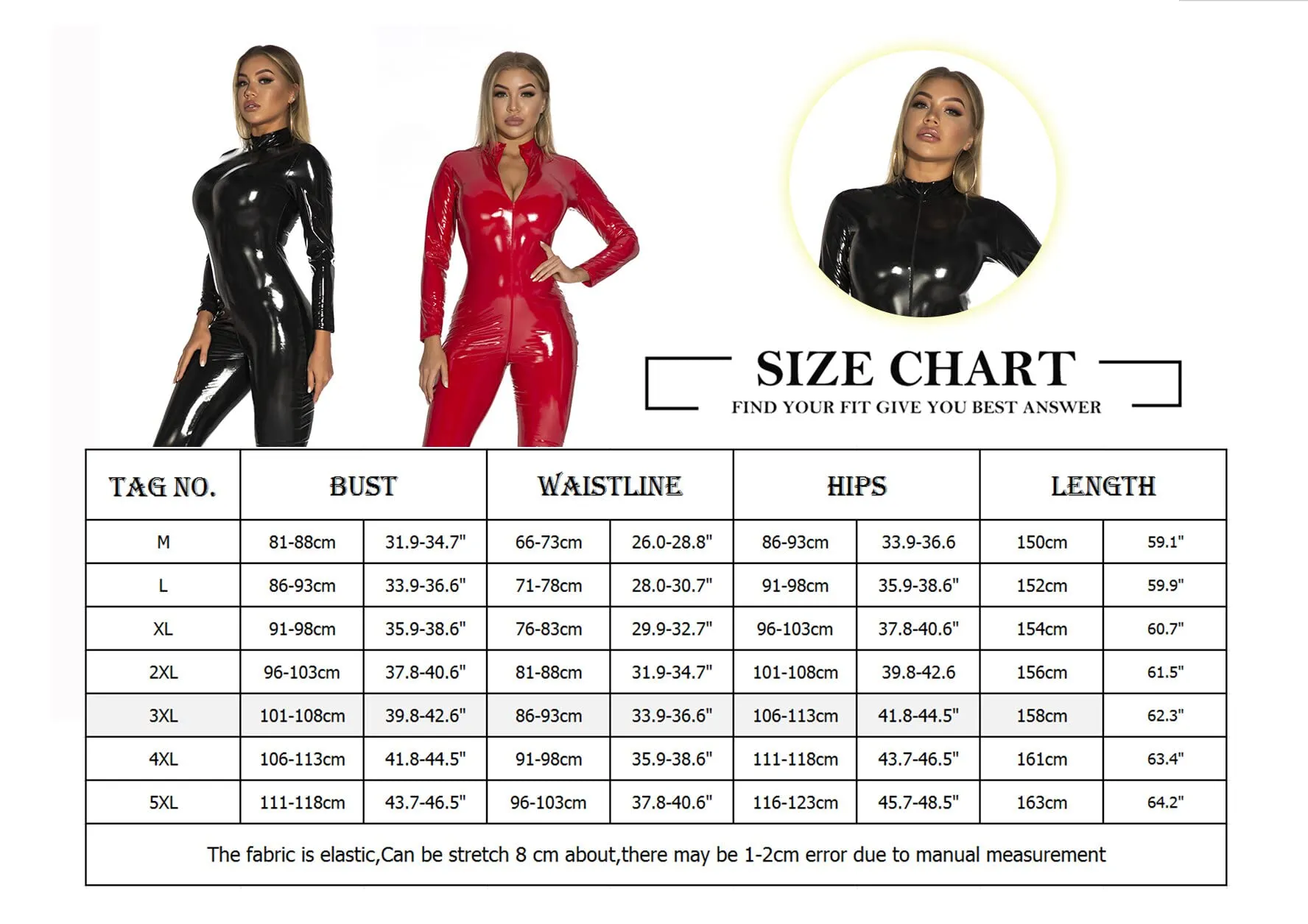 AIEOE Catsuit da Donna con Cerniera Lucida, Nero, M (Etichetta XL) - immagine 3