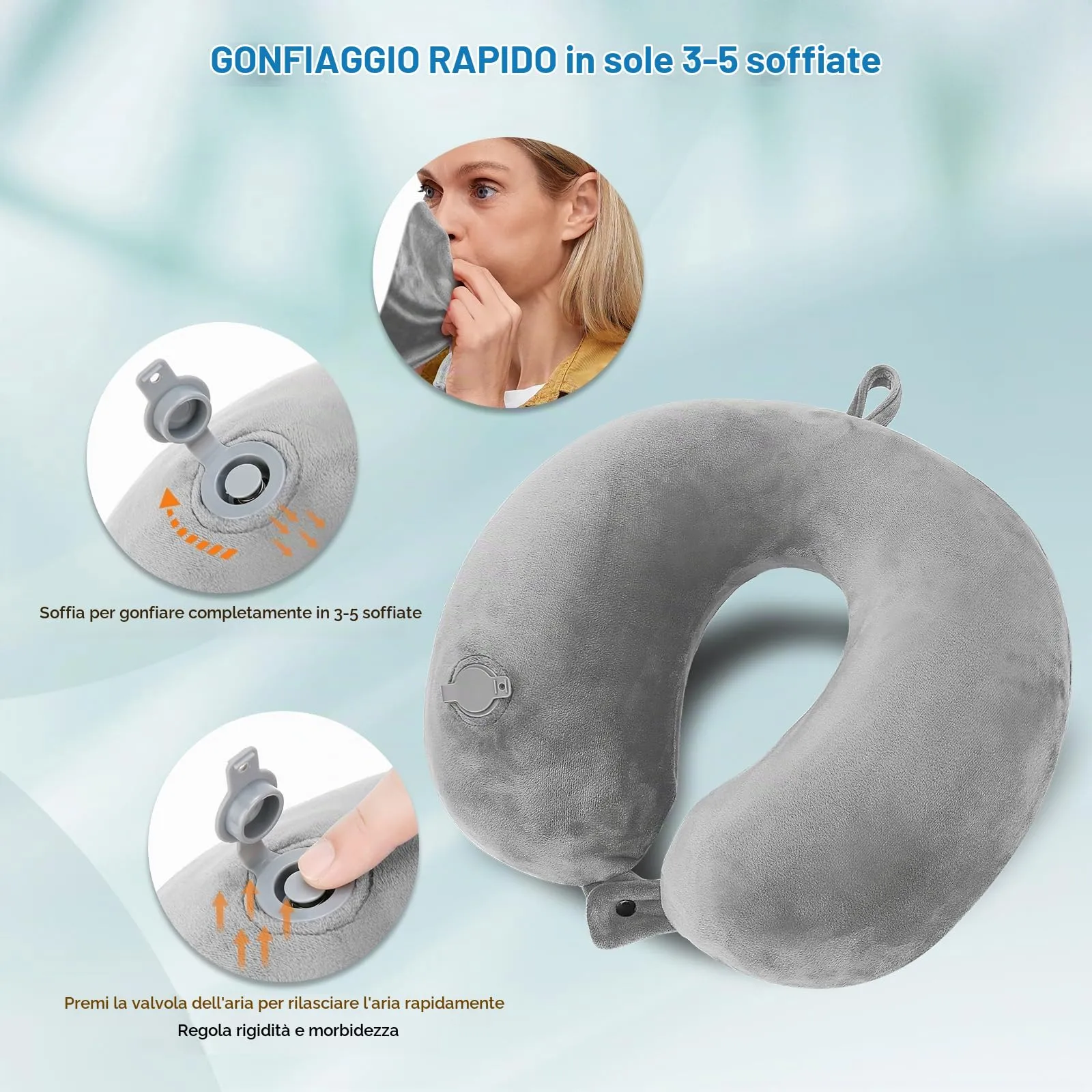Cirorld Cuscino Gonfiabile da Viaggio per Collo con Maschera per Dormire, Tappi Auricolari e Borsa per Trasporto - immagine 2