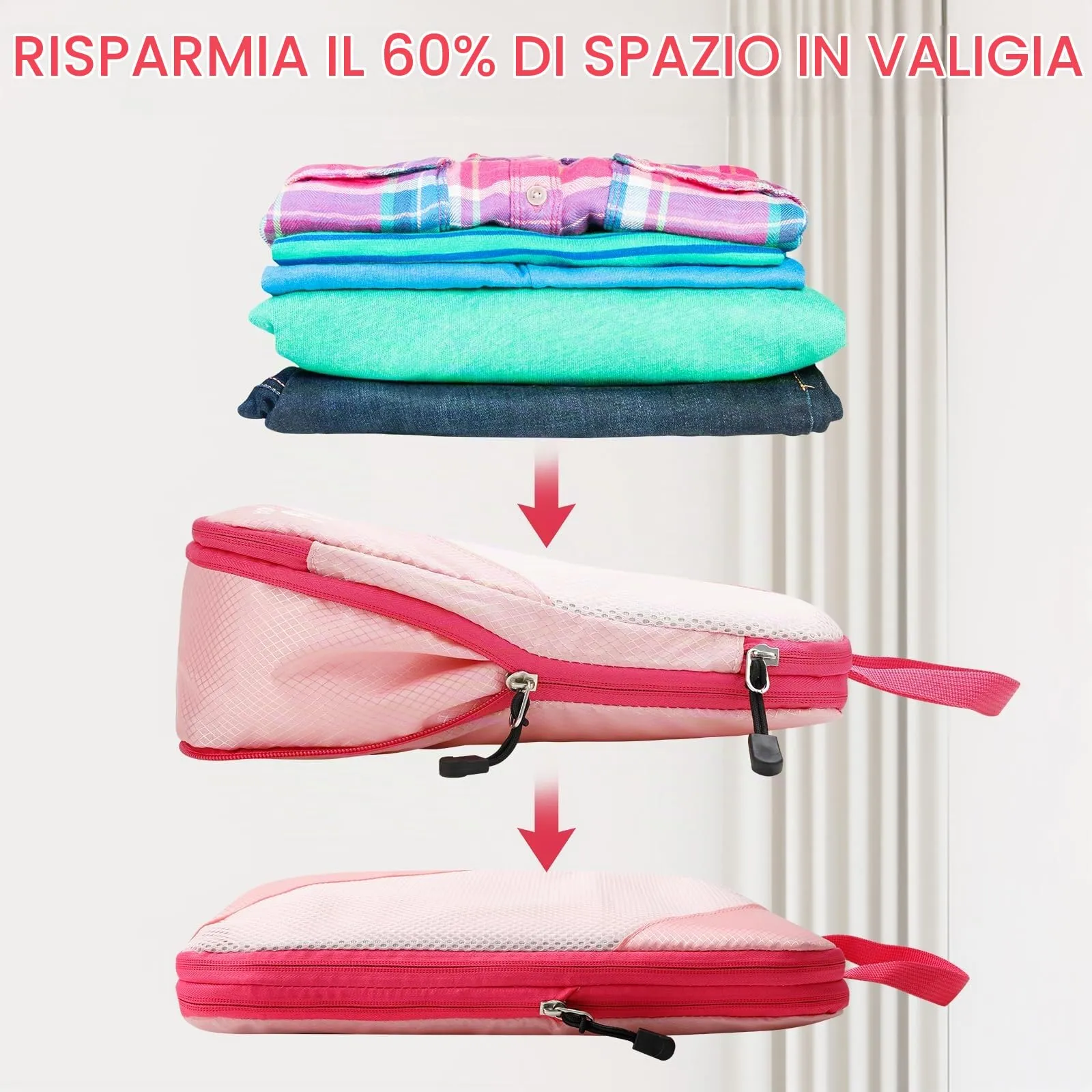AiQInu Organizer Valigia Set 5 Pezzi, Packing Cube a Compressione Salvaspazio Espandibile per Vestiti, Scarpe e Intimo - immagine 2