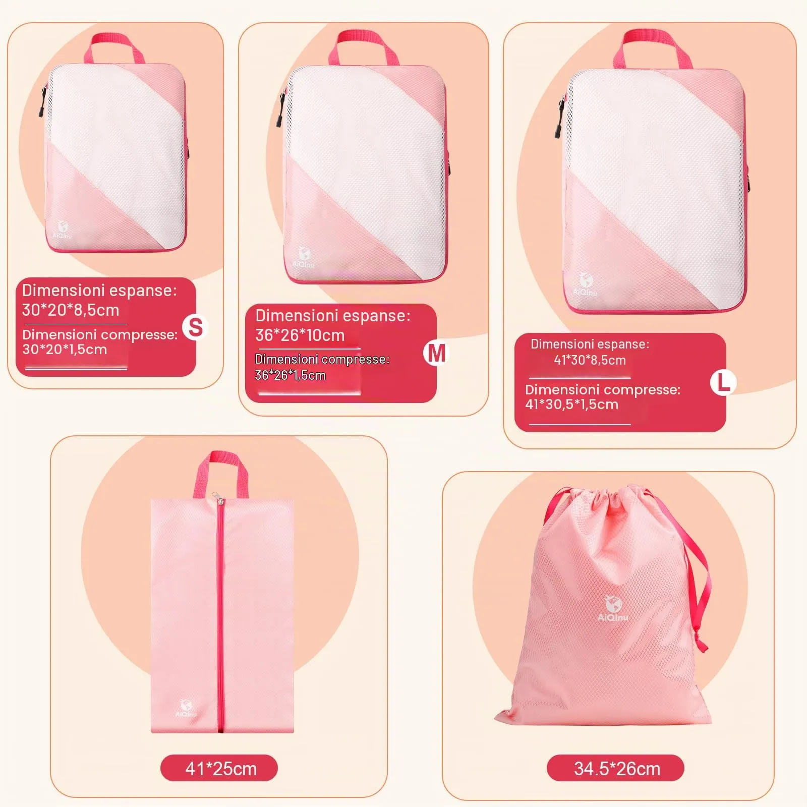 AiQInu Organizer Valigia Set 5 Pezzi, Packing Cube a Compressione Salvaspazio Espandibile per Vestiti, Scarpe e Intimo - immagine 4