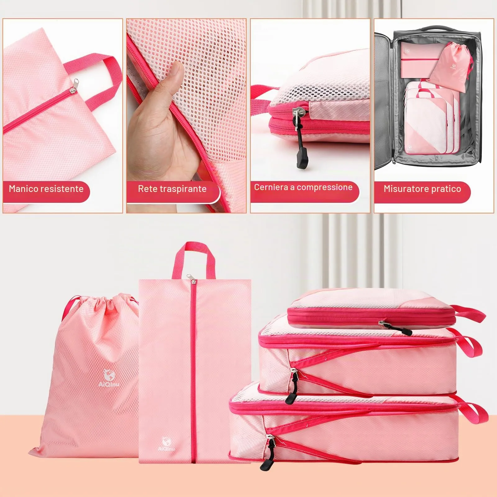 AiQInu Organizer Valigia Set 5 Pezzi, Packing Cube a Compressione Salvaspazio Espandibile per Vestiti, Scarpe e Intimo - immagine 5