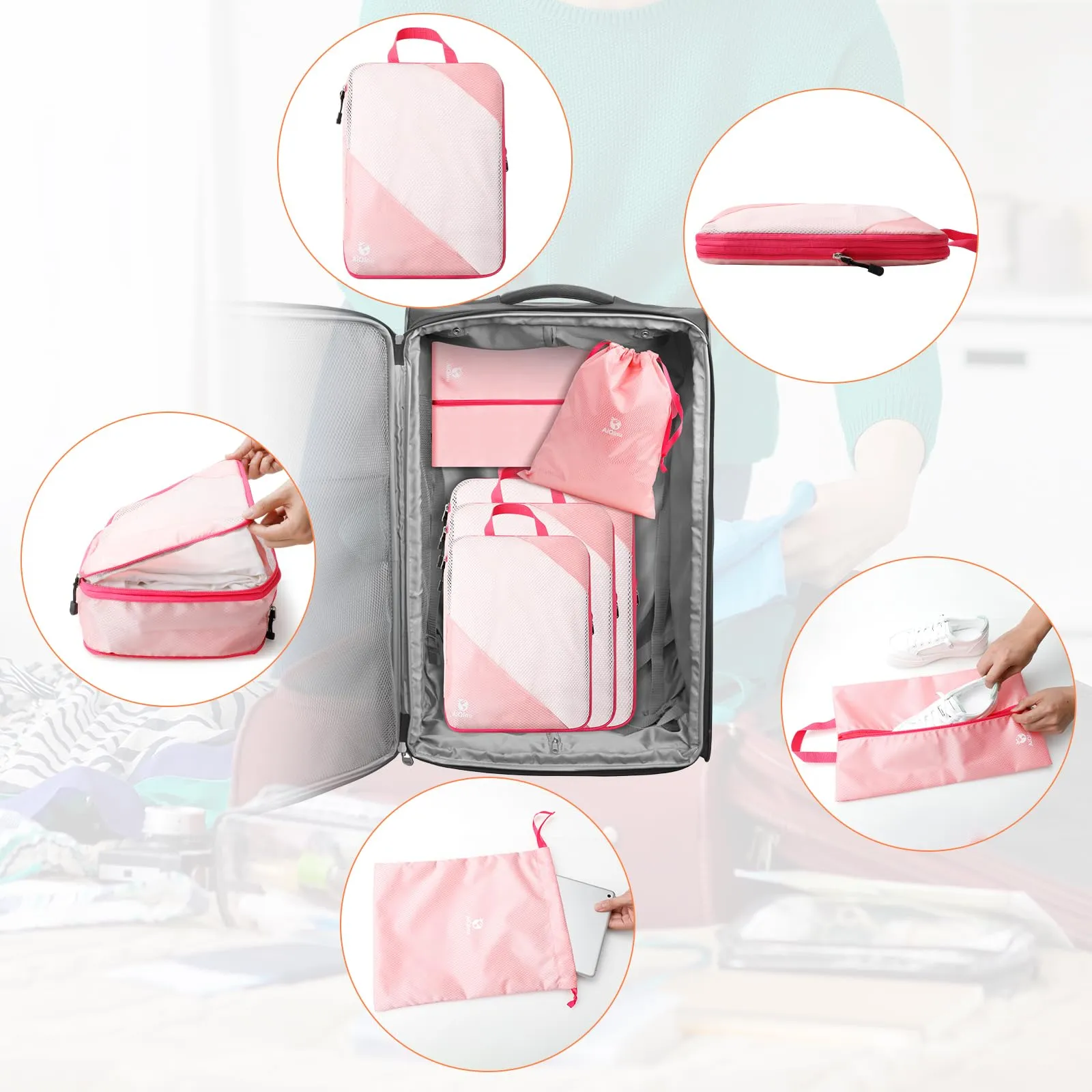 AiQInu Organizer Valigia Set 5 Pezzi, Packing Cube a Compressione Salvaspazio Espandibile per Vestiti, Scarpe e Intimo - immagine 7
