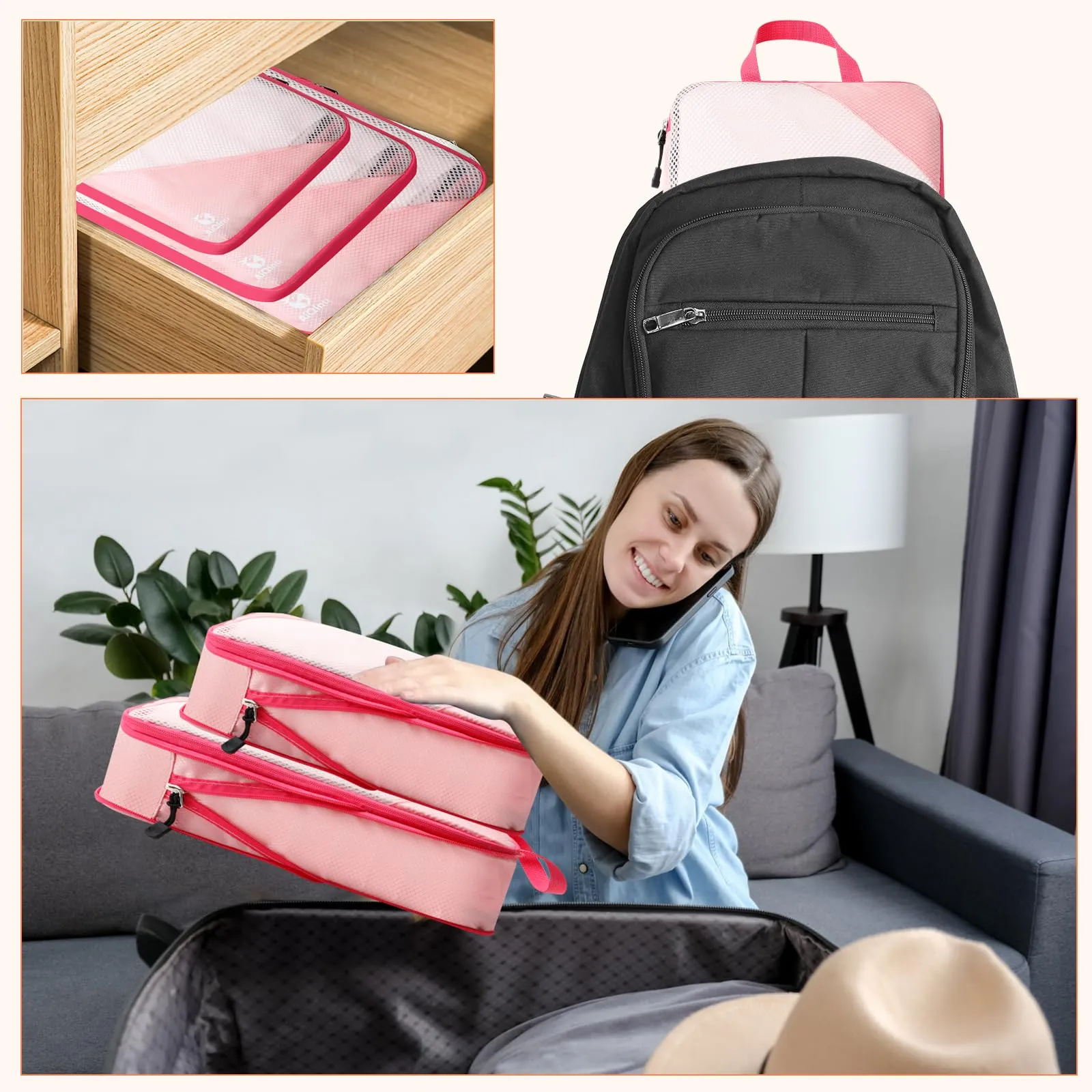AiQInu Organizer Valigia Set 5 Pezzi, Packing Cube a Compressione Salvaspazio Espandibile per Vestiti, Scarpe e Intimo - immagine 8