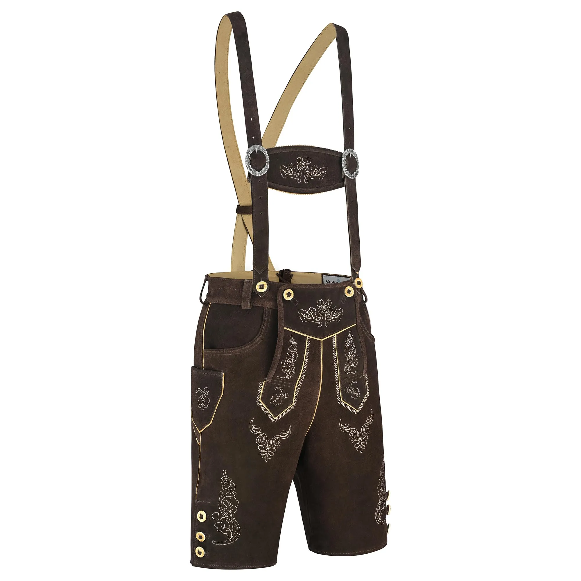 Bohmberg Pantaloni di Pelle Bavaresi Corti Uomo con Bretelle e Laccio, Marrone, Taglia 46 - immagine 3